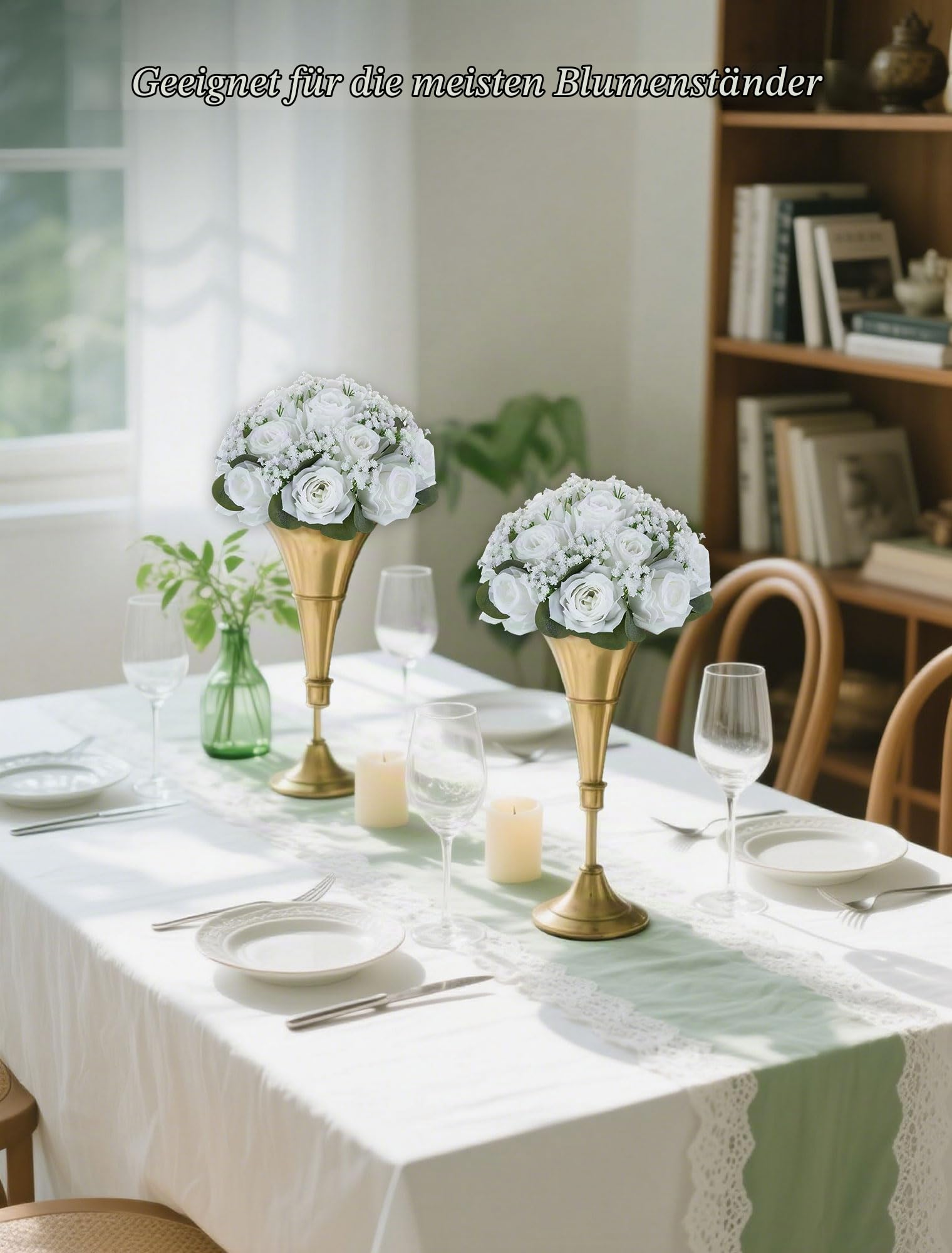 BLOSMON Kunstblumen Rosen Schleierkraut Hochzeitsdeko, 10 Stück, Weiß | Künstliche Rose Gypsophila Blumenstrauß, Blumen Kugeln für Tischdeko, Hochzeit Party, Tafelaufsätze Dekoration, Zimmer Deko