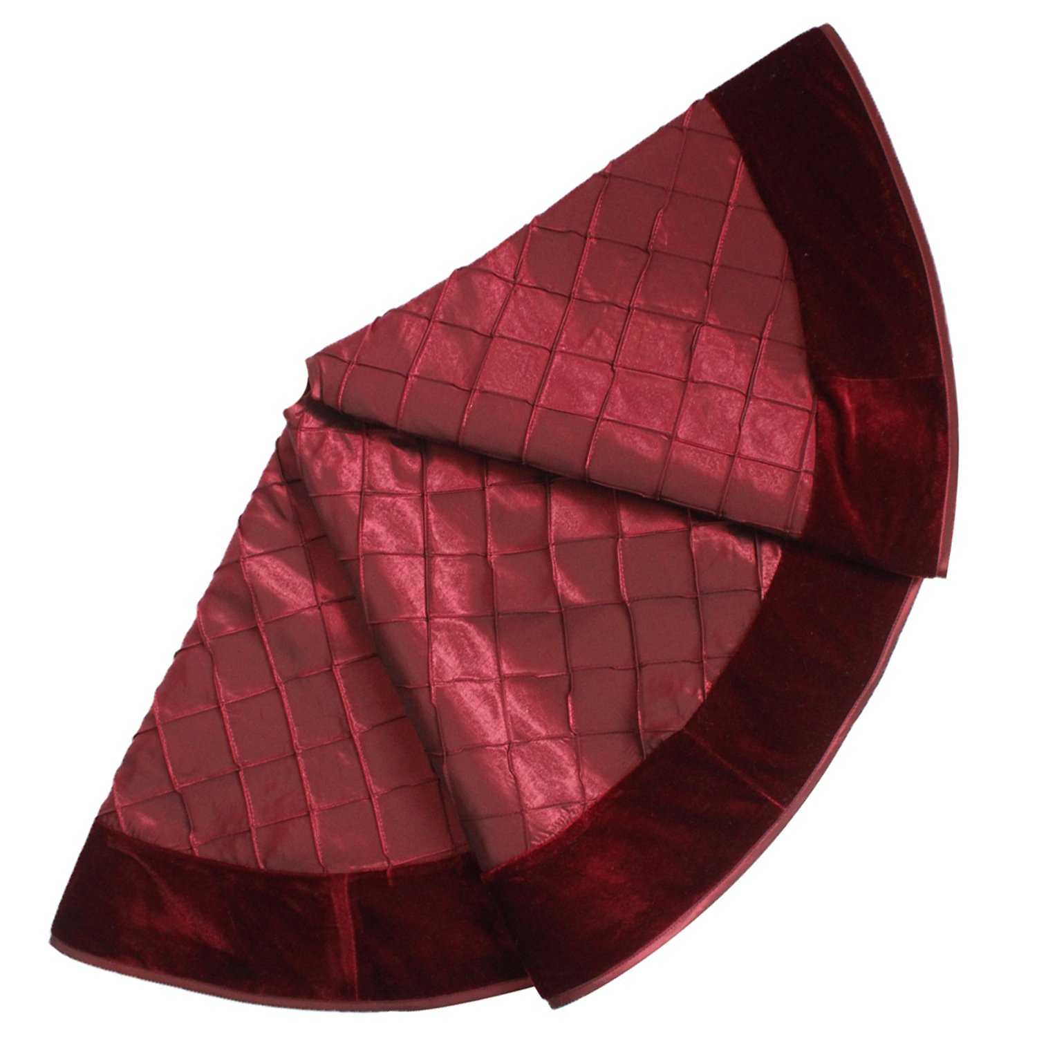SORRENTO 50" Handcraft pintuck faux silk with Velvet border Christmas tree skirt in Burgundy color P4691