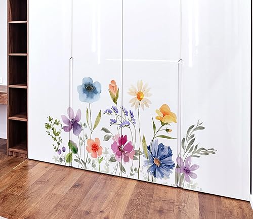 Miniatura 5 de Kingarch Calcomanías de pared de flores florales de acuarela, despegar y pegar, flores silvestres grandes, hojas y vides, calcomanías de pared