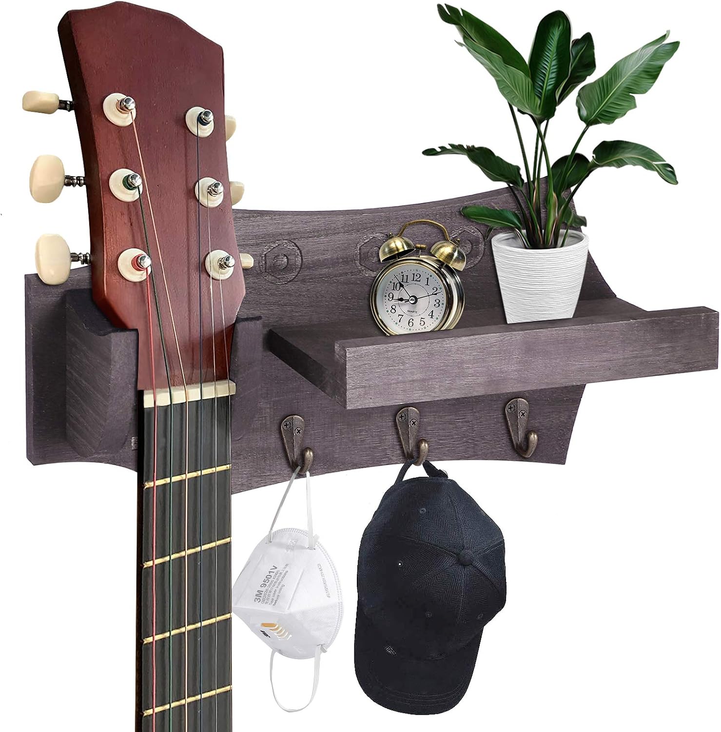 TCJJ Guitar Holder Wall Mount, Guitar Wall Hanger with Guitar Accessories Storage Shelf, Pick Holder and 4 Hooks, Wood Guitar Rack for Acoustic Electric Guitar, Ukulele, Bass (Gray-Single)