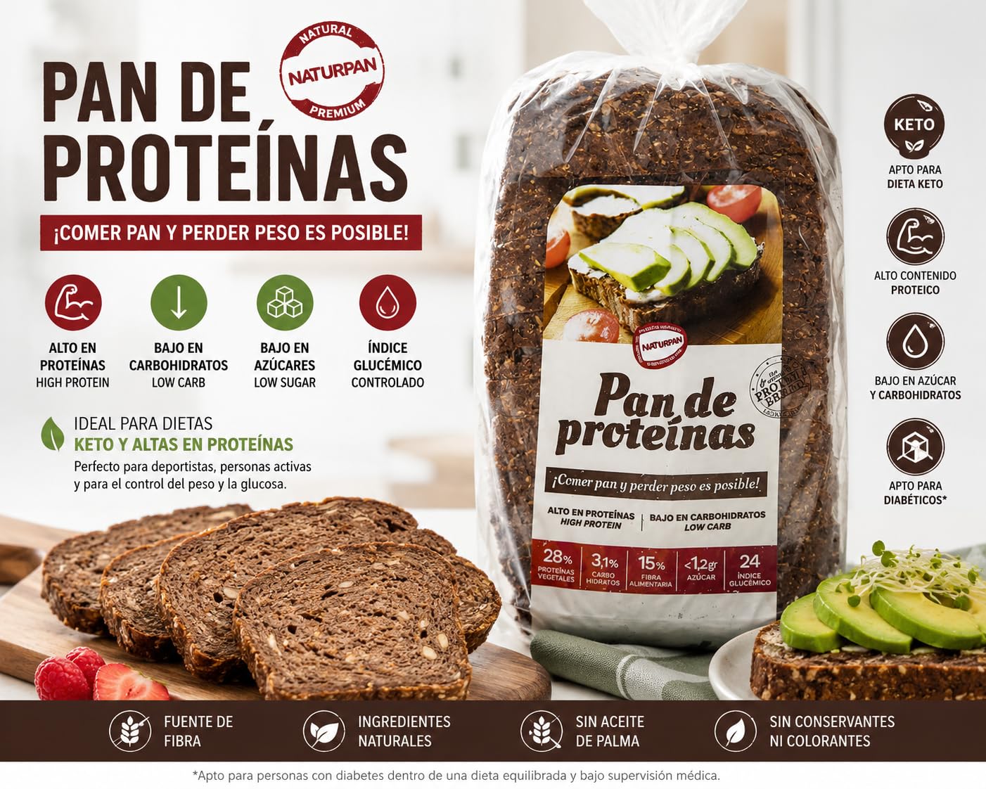 Naturpan Pan de Proteina Pack 2 uds x 500gr Proteico Keto Bajo en Carbohidratos Dieta Low Carb Cetogenico Apto para diabeticos Rico en proteina, rico en fibra y bajo indice glucémico.