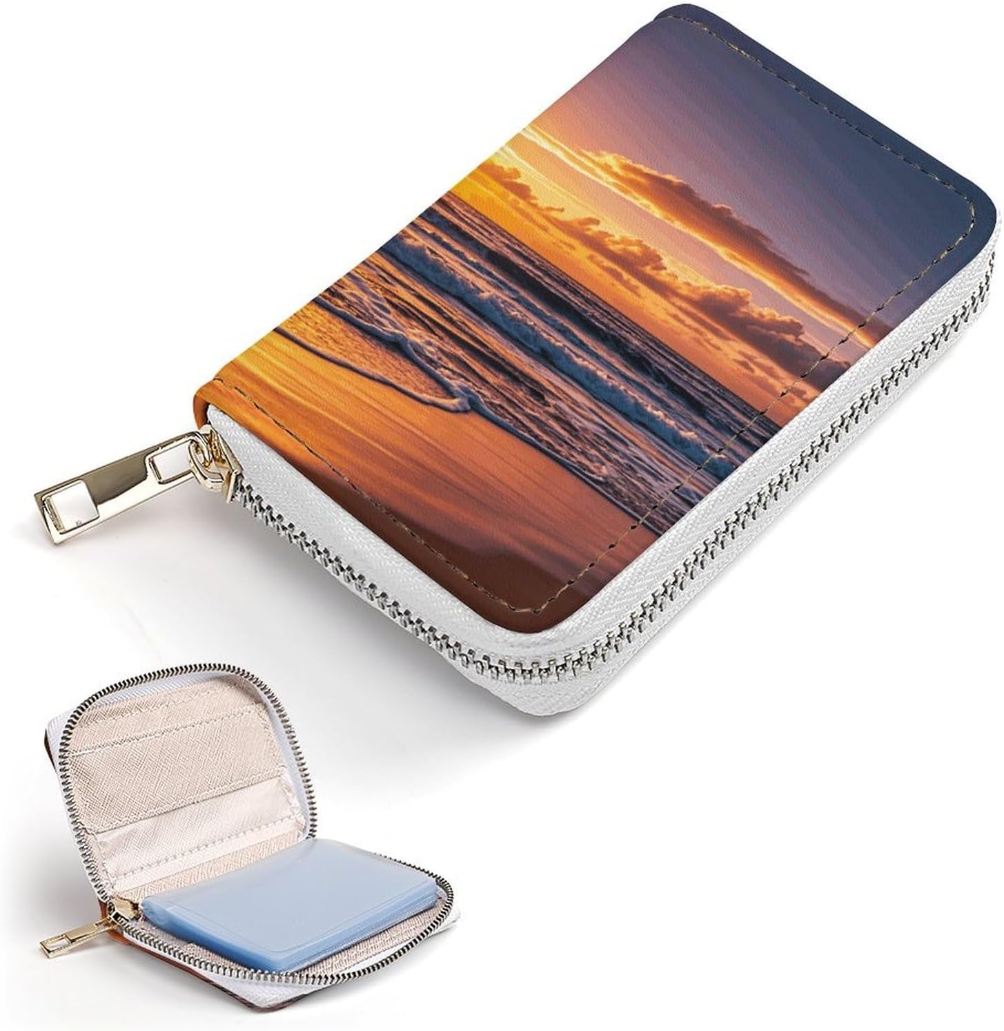 Leather Card Organizer Case Card Wallet Credit Card Holder Beach Sunset Waves Printed Zipper Card Cases Holder for Women Men