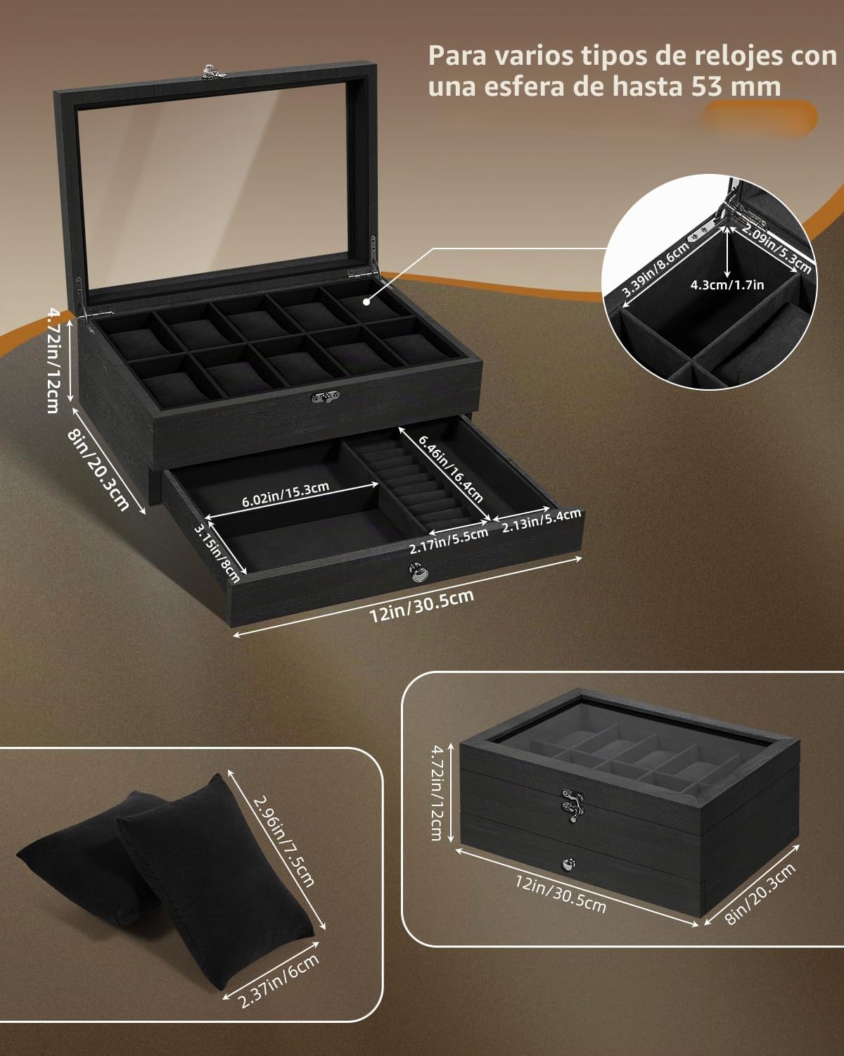 Uten Caja de Relojes con 10 Compartimentos, 2 Niveles Caja para Reloje Madera, Tapa de Vidrio y Almohada Algodón Seda, Forro Negro, para Exhibición y Almacenamiento de Relojes Joyería