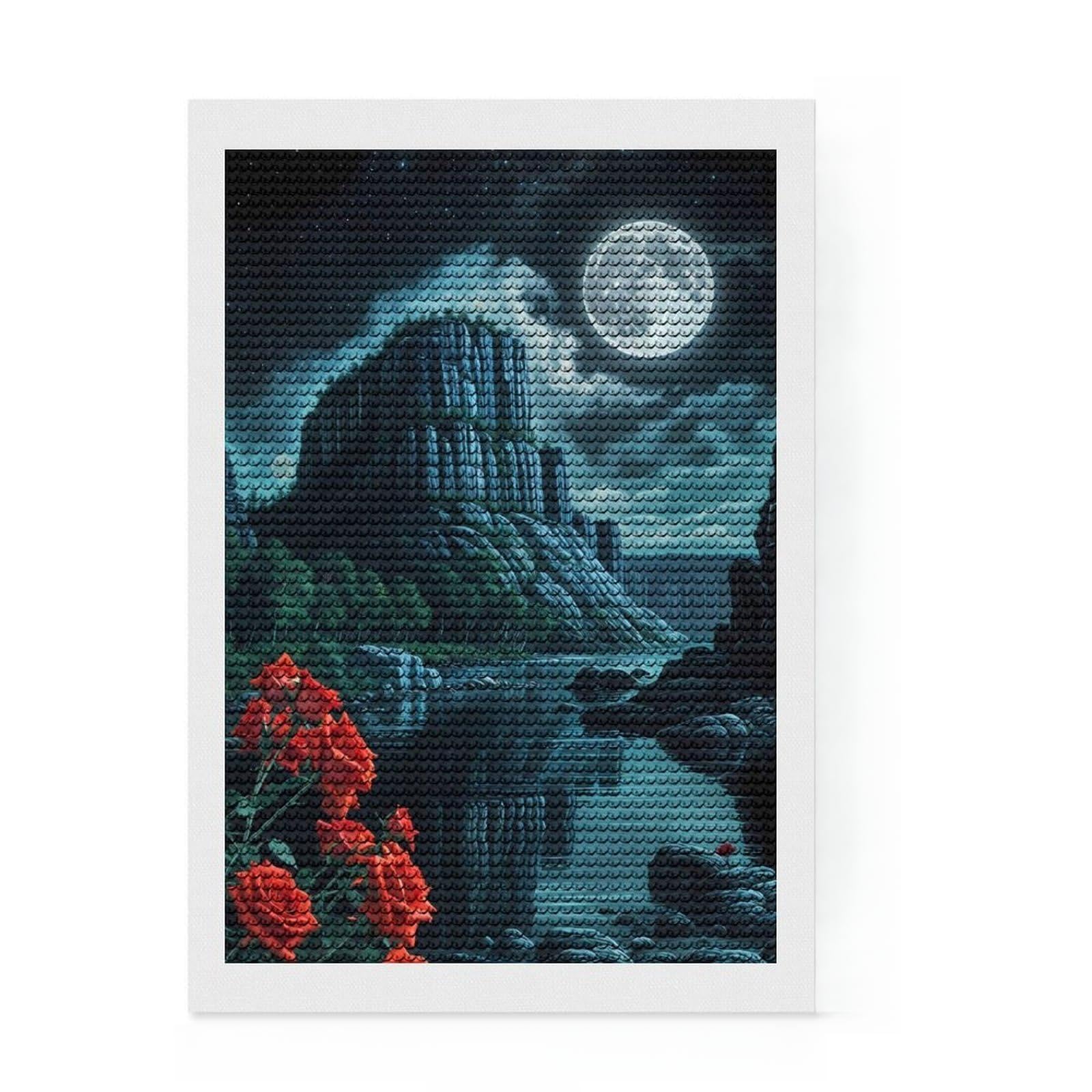Junmoney Red Rose Night Atmosphere Round Drill Diamond Painting 8"x12", Decorate Your Room, Sparkling Round Gems, Adhesive Canvas, Bedroom Decor
