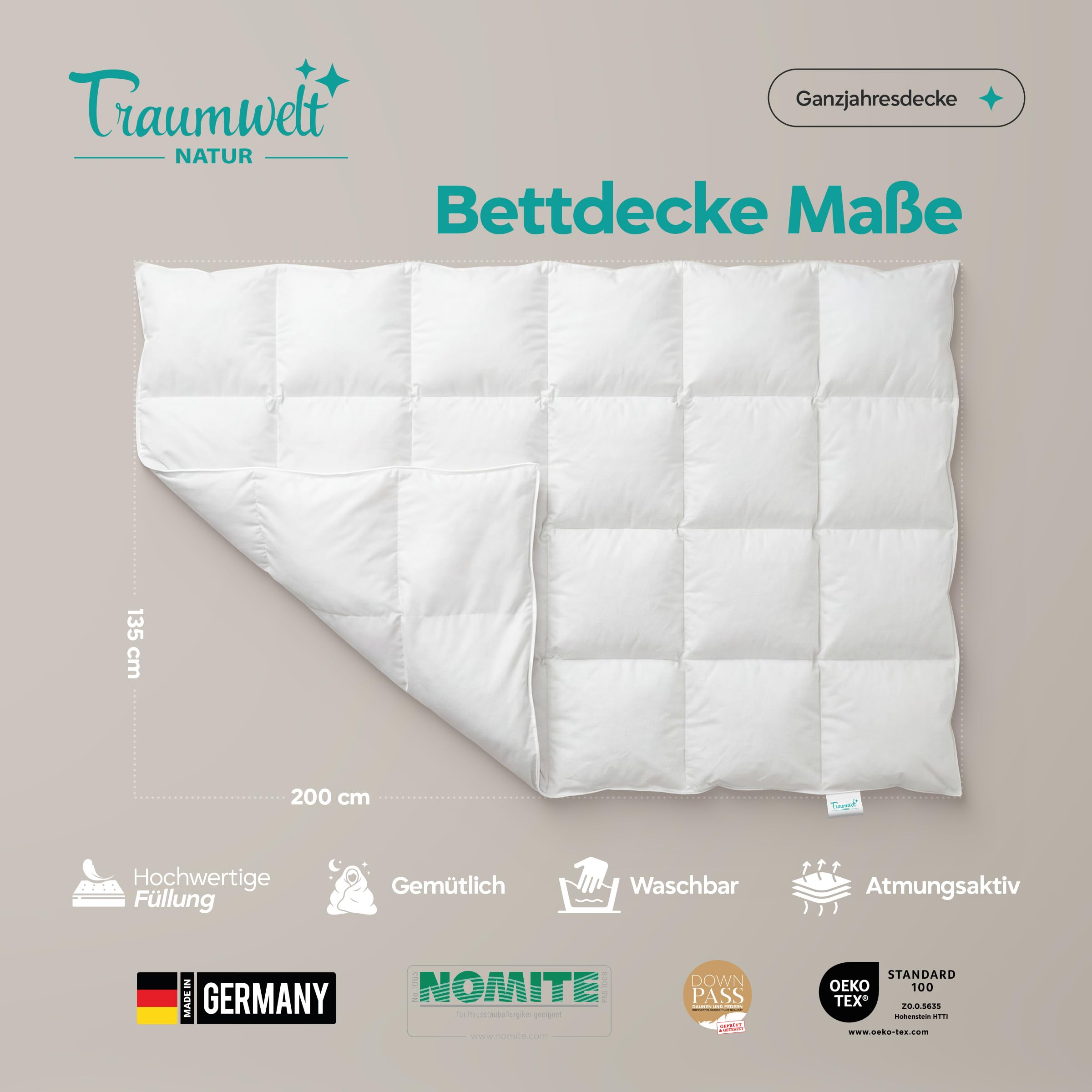 Made in Germany Daunendecke 135x200 cm aus 90% Daunen und 10% Federn, für alle Jahreszeiten, Allergiker geeignet (nomite), Öko-Tex 100 Klasse 1 Zertifiziert, Downpass