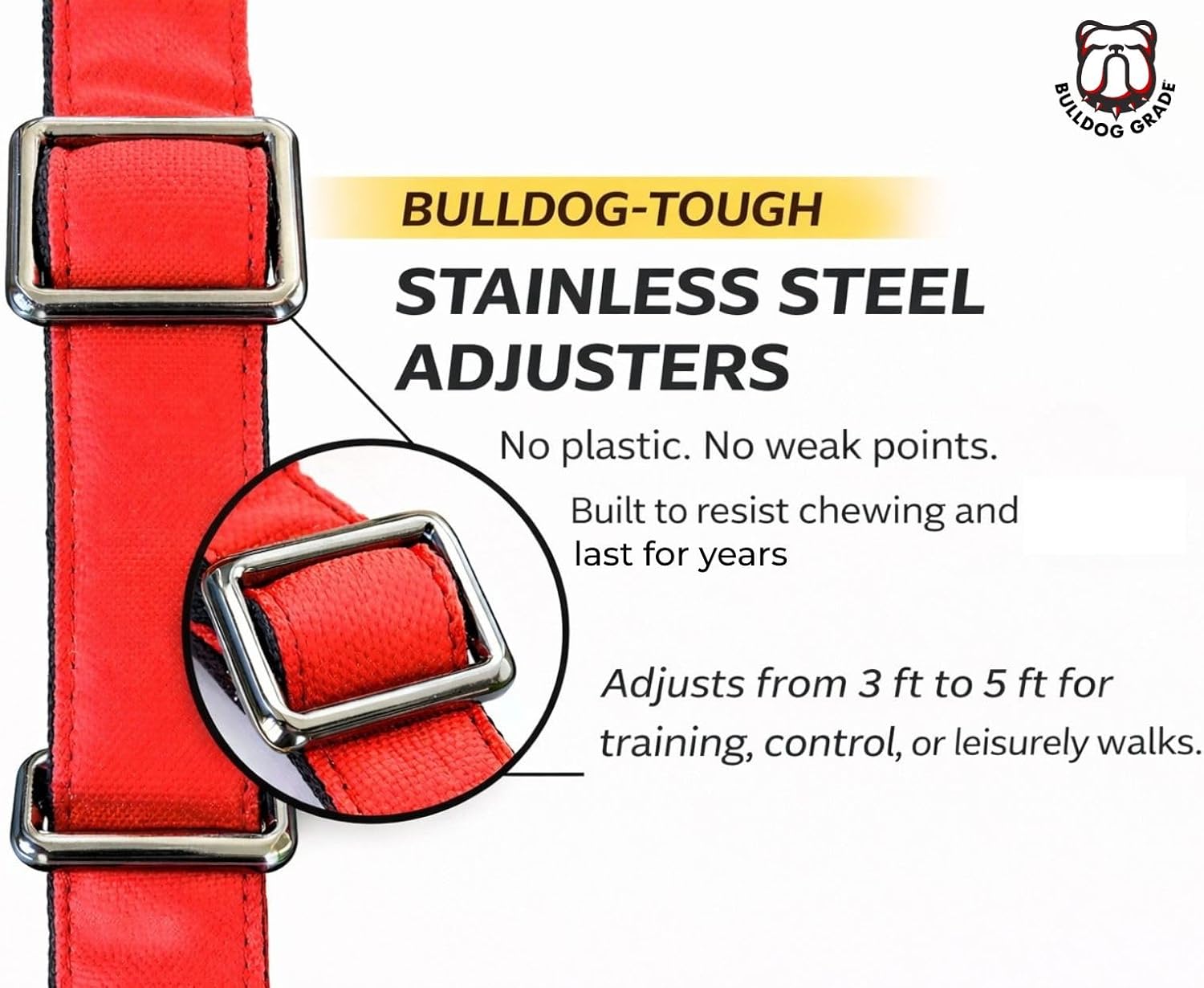 Heavy Duty Dog Leash – Adjustable 3–5 ft, Reinforced Handle, Locking Carabiner, Waterproof, Reflective (Bulldog Red)
