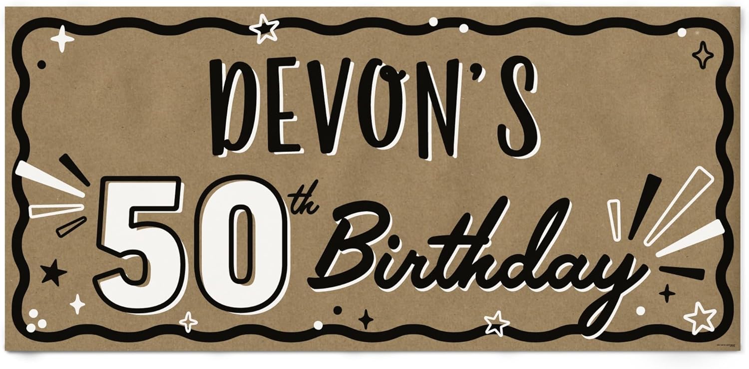Big Dot of Happiness Personalized 50th Birthday Kraft Paper Banner, Black & White Custom Name Birthday Banner, Printed Brown Paper Party Sign Decoration – 1 Count