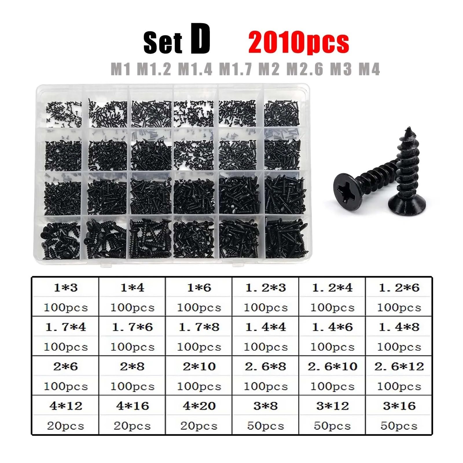 Kit Mini Vis à Bois M1-M4 Autotaraudeuses Tête Fraisée Plate 500pcs(Set D 2010pcs)