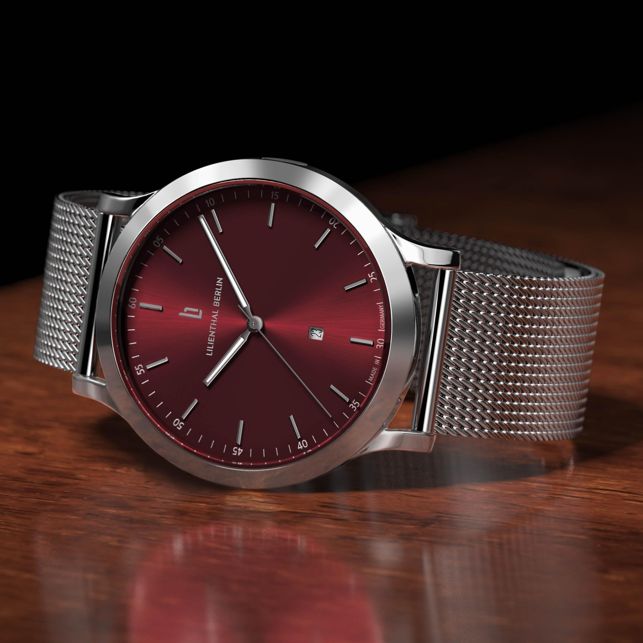 Lilienthal Berlin Orologio da uomo Huxley in Argento/Bordeaux - Orologio da polso in acciaio chirurgico 316L con movimento al quarzo e vetro minerale temperato zaffiro - 40 mm