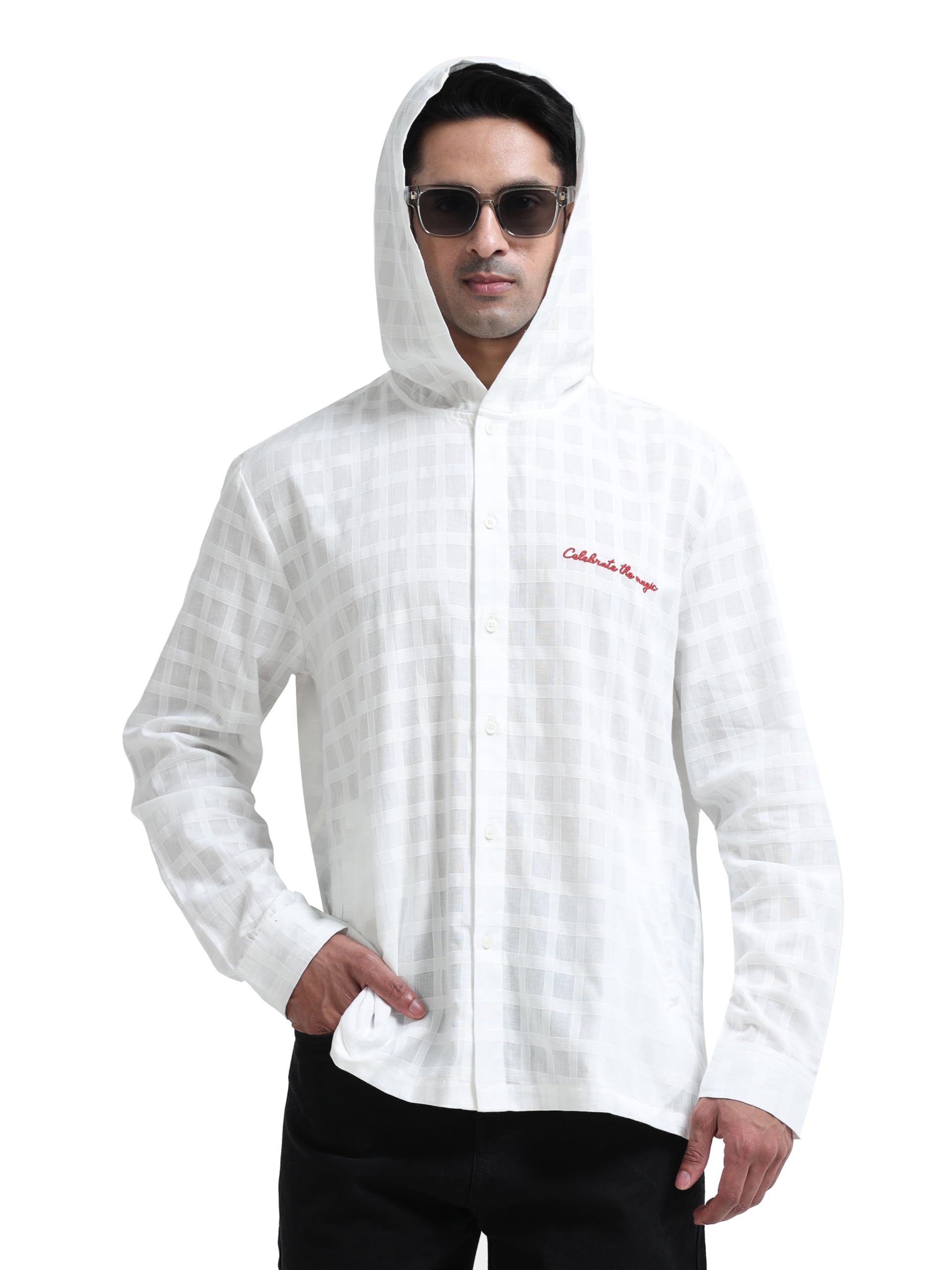 Men's Full Sleeve Dobby Textured Hooded Shirt S-2XL-image-20