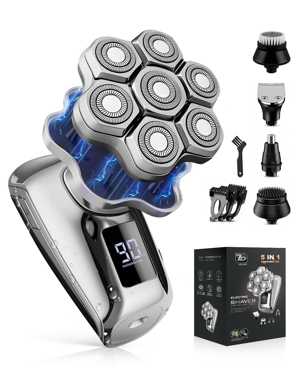 Head Shavers for Bald Men, 7D Rotary Mens Head Shaver 5-in-1 Waterproof Electric Shaver, IPX7 Wet Dry Bald Head Shaver with Magnetic Detachable Head, Low noise, LED Display, Type-C, Gift for Men