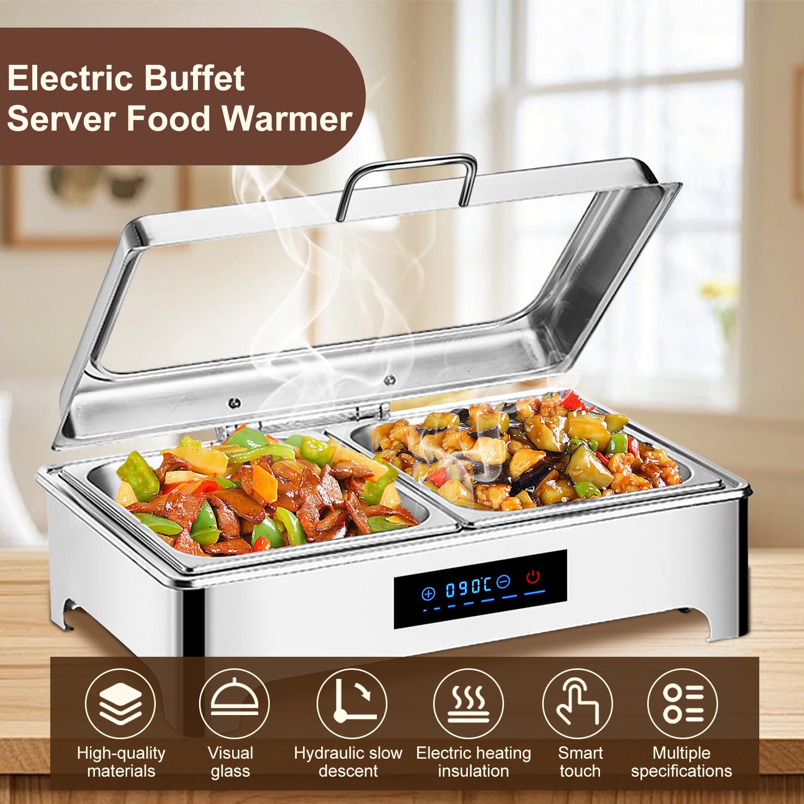 9L Chafing Dish Electrico para Buffet, Chafing Dish Calentador de Comida Electrico para Buffet, Calentador de Buffet de Acero Inoxidable con Vidrio Visual, Temperatura Ajustable (1/1)