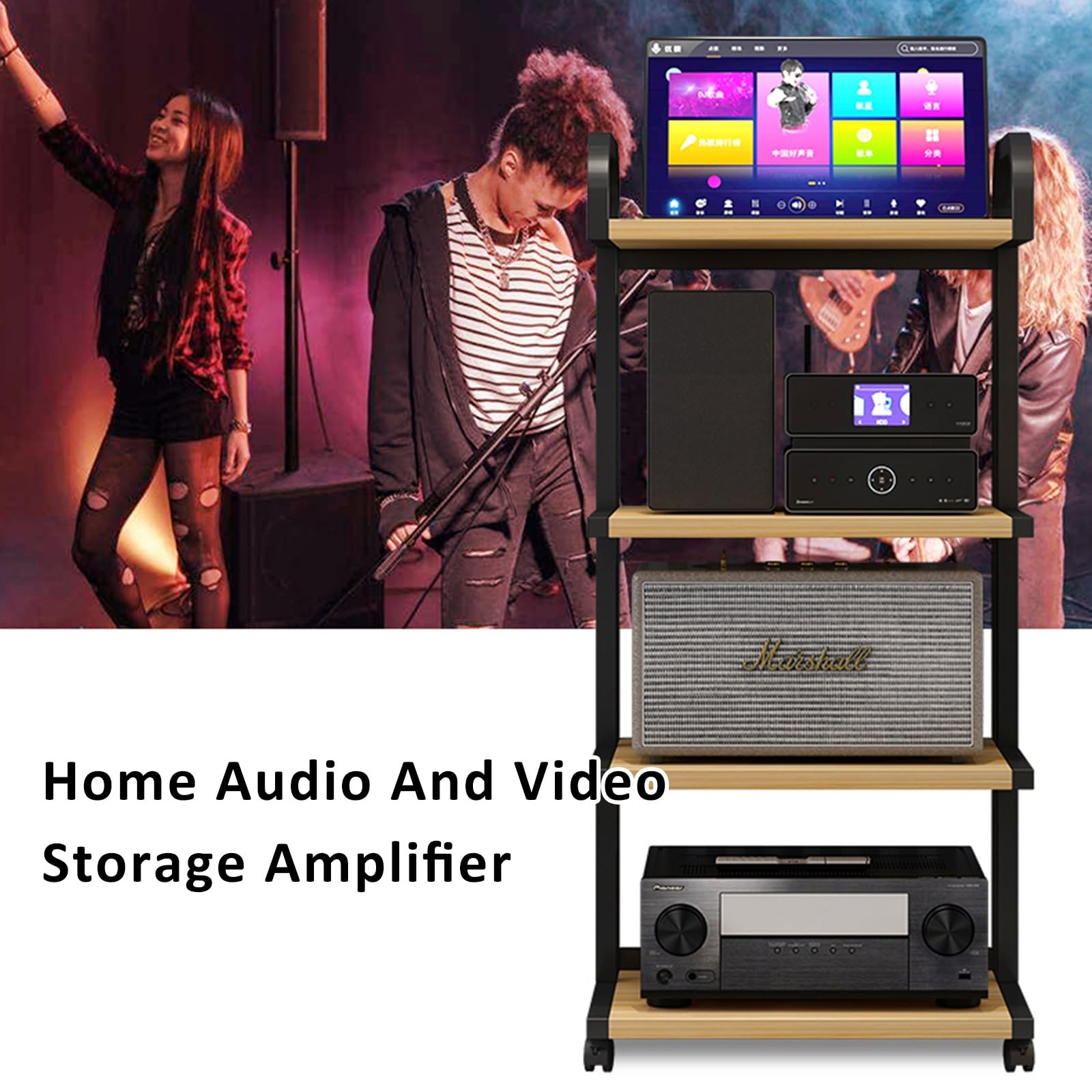Stojak audio 3/4 – regulowana stojąca na podłodze wieża stereo z ruchomymi półkami, routerem i stojakiem na płyty DVD, stojak na komponenty rozrywkowe (biały orzech, 5 półek)