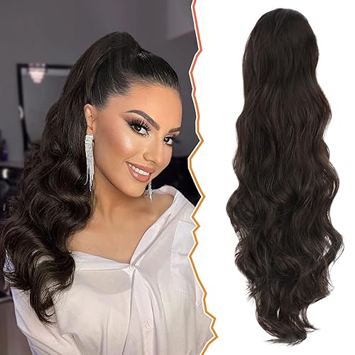 BARSDAR Extensiones de cola de caballo con cordón, 26 pulgadas, extensiones de cabello sintético ondulado de color castaño con clip, extensiones de