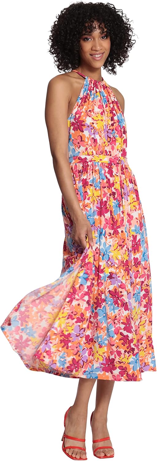 Maggy London Womens Halter Neck Midi Dress with Back Neck Tie