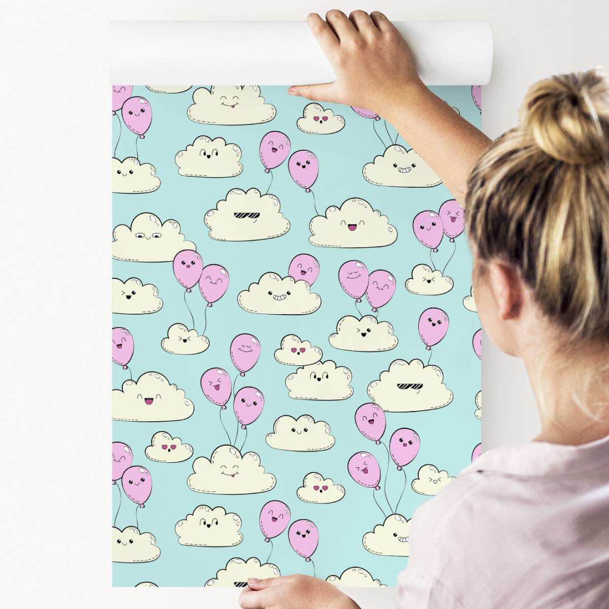 Tapeta z włókniny, 10 m, chmury, balony dla dzieci, tapeta z włókniny, 1000 x 53 cm, tapeta ścienna, do salonu, pokoju dziecięcego, nowoczesna dekoracja ścienna, dekoracja ścienna