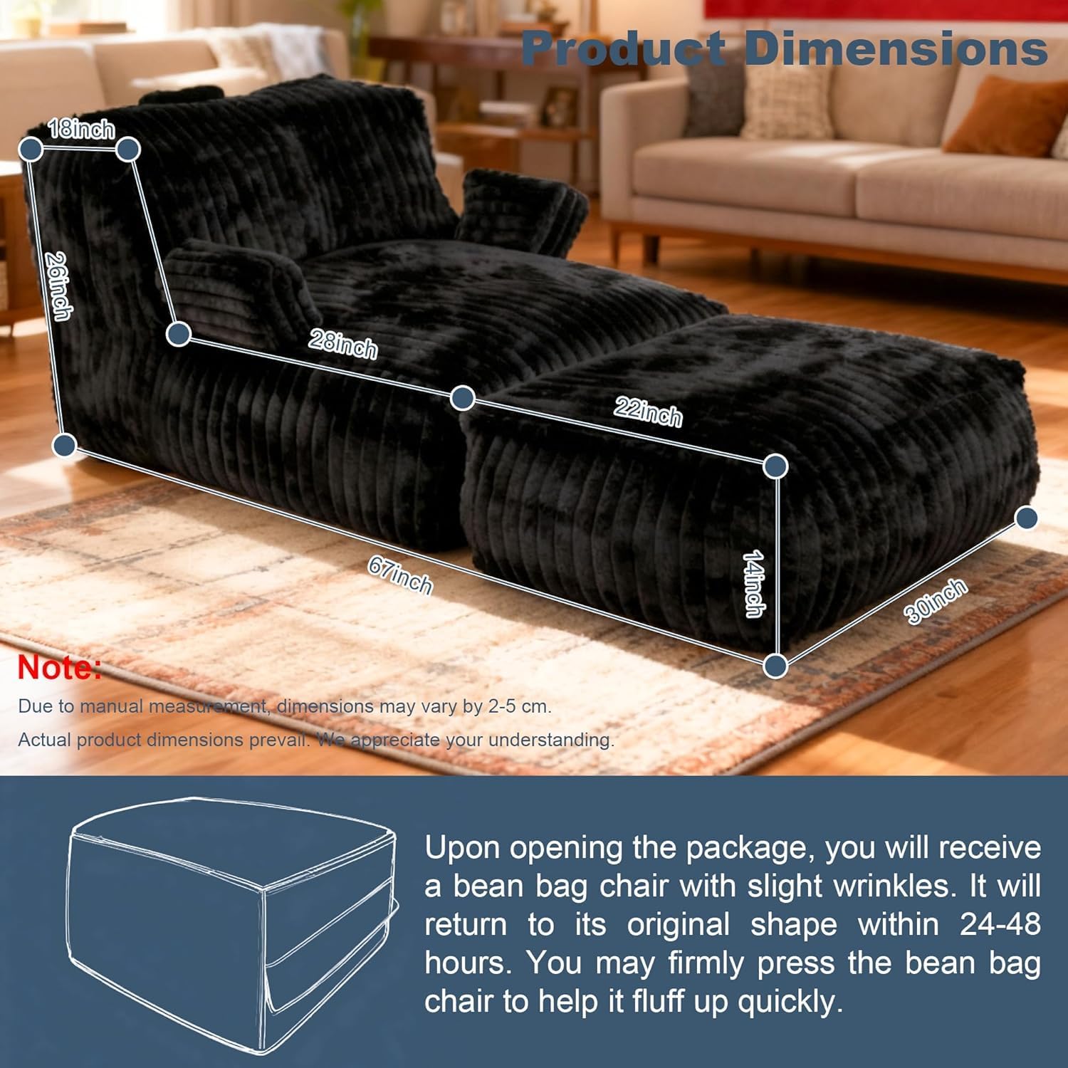 Bean Bag Chair - Large Bean Bag Loungers Chairs for Adults, Teens, and Children.Bean Bag Sofa with Memory Foam Filled and Armrests for Living Rooms, Bedroom, Dorm, or Balcony (Stripe Black)