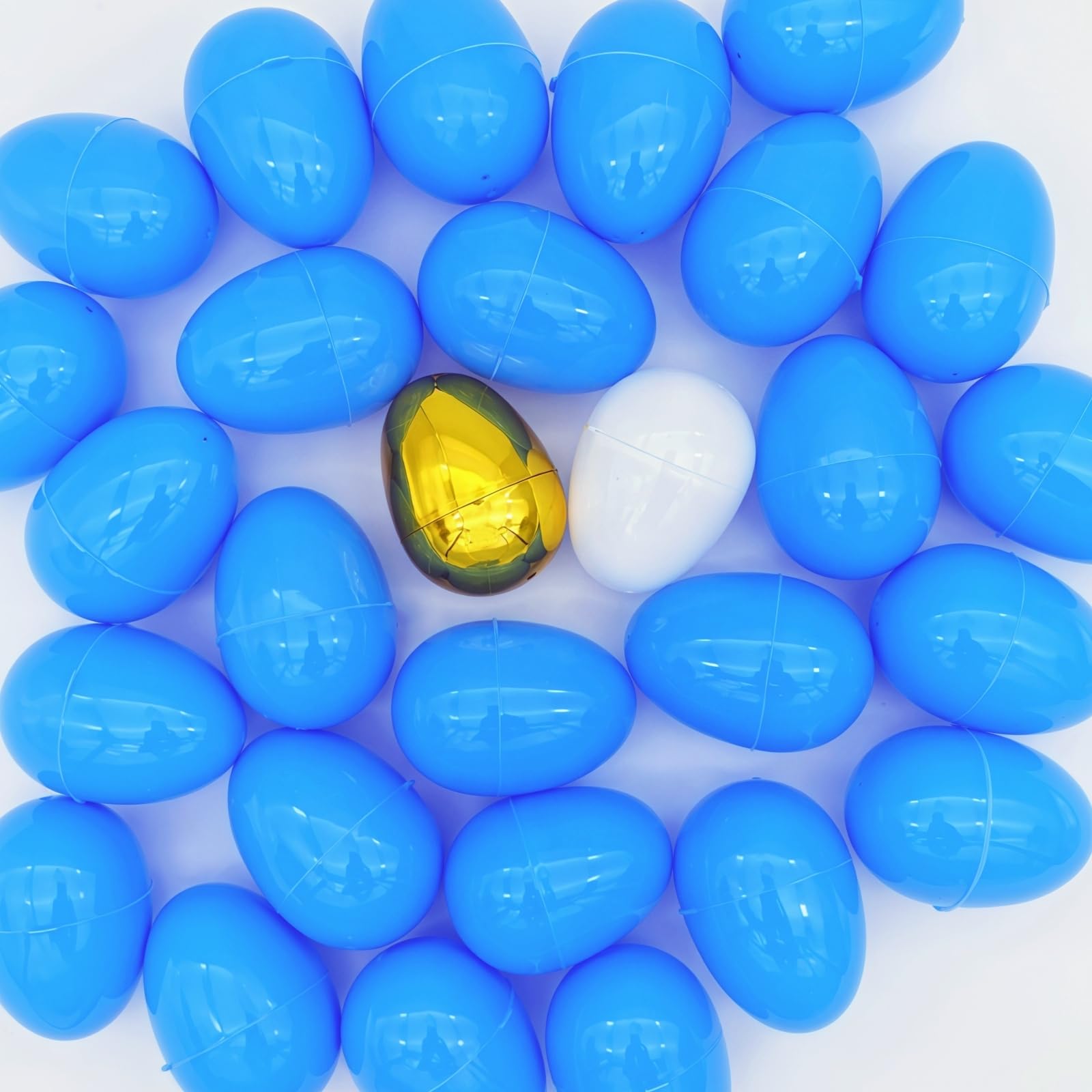 Photo 1 of GCQJOQ Easter Eggs Plastic Fillable Easter Eggs Bulk for Easter Theme Party Favor, 60 Blue Eggs, 1 Gold Egg, 1 White Egg