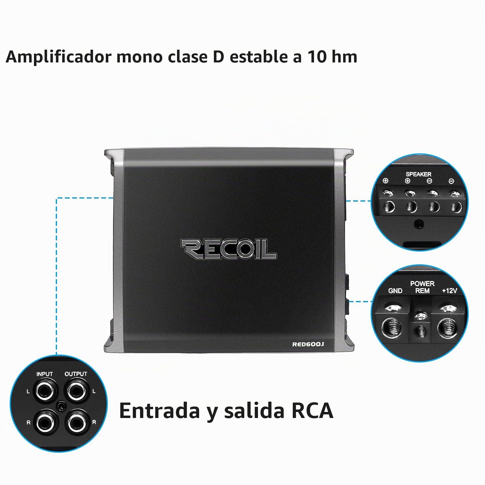 RECOIL RED600-1 Amplificador de subwoofer monobloque de audio para automóvil Clase D de 1320 vatios, estable de 1 ohmio, perilla de graves remota incluida