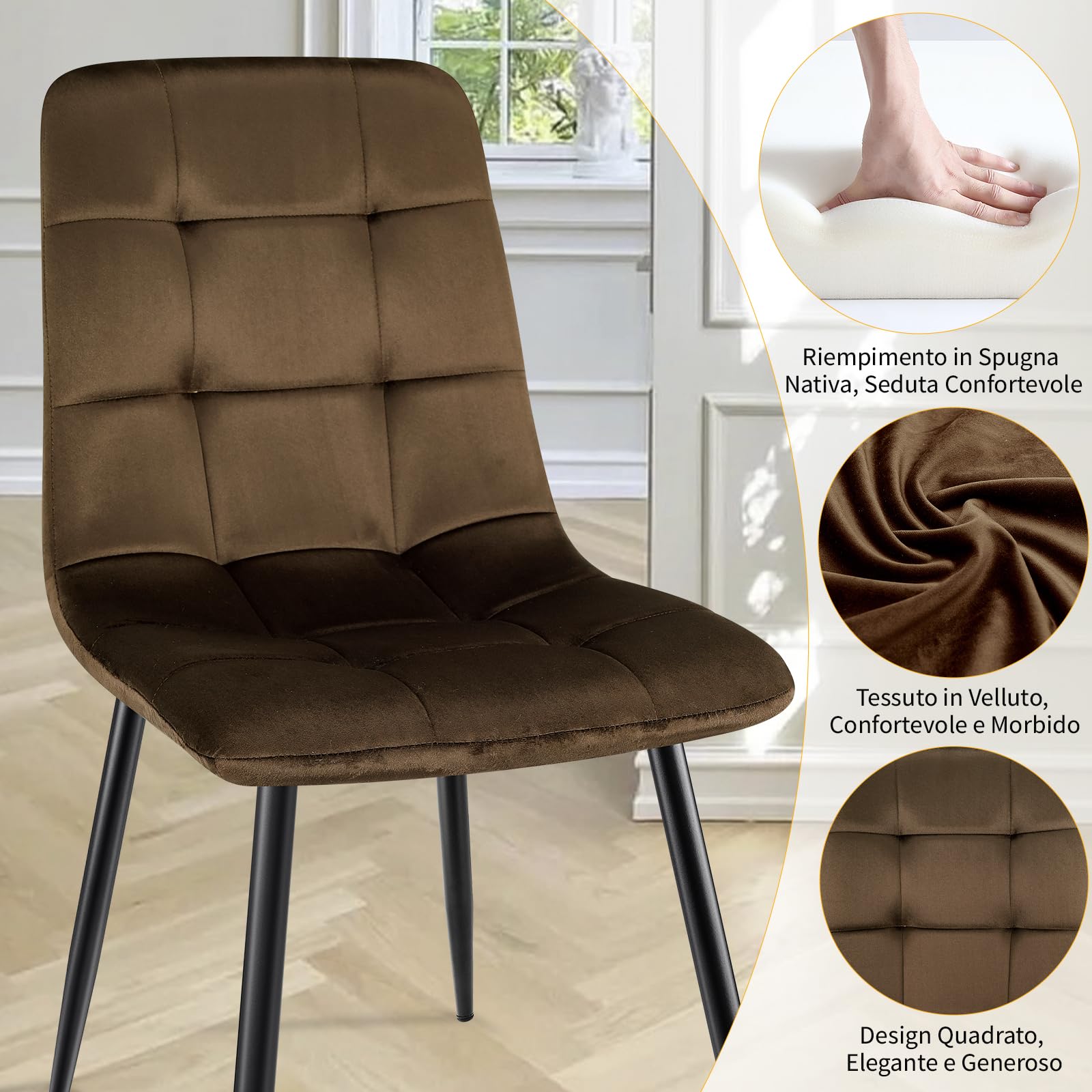 JIJIAN Set di 6 Sedie da Sala da Pranzo, Sedie da Cucina con Tessuto di Velluto e Gambe in Metallo Nero, Sedia Imbottita con Capacità di Carico di 120 kg, Marrone