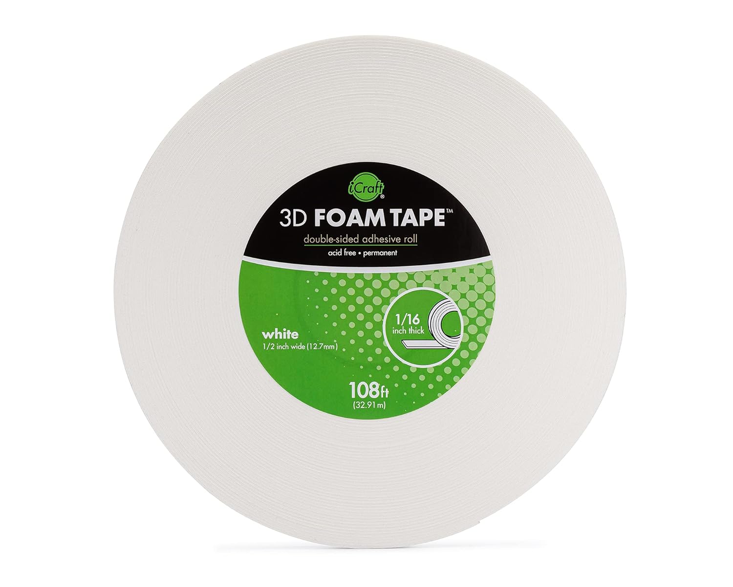 iCraft 5607 3D Foam Tape Jumbo Rolls, White, 1/16 inch; 108 feet