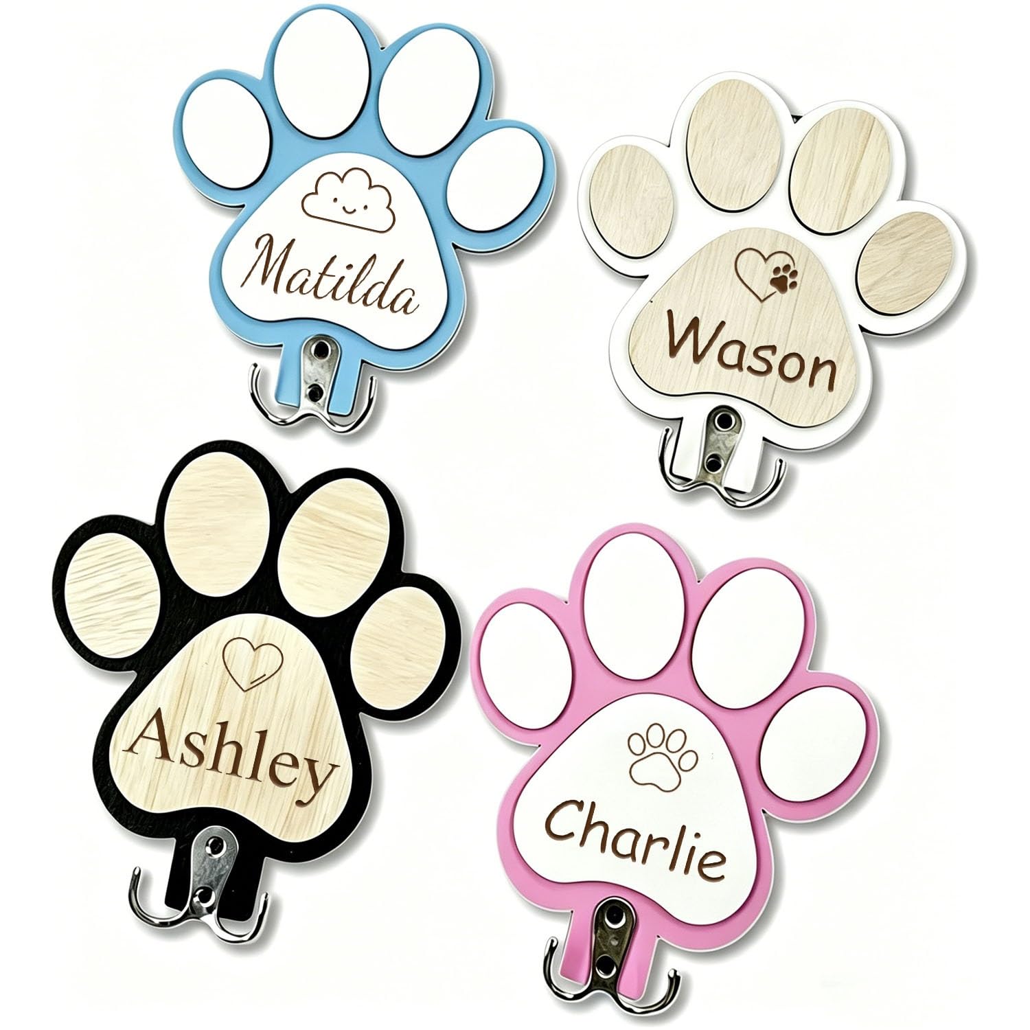 Personalized Wooden Leash Holder With Dog Paw Print & Name Pet Supplie Gift