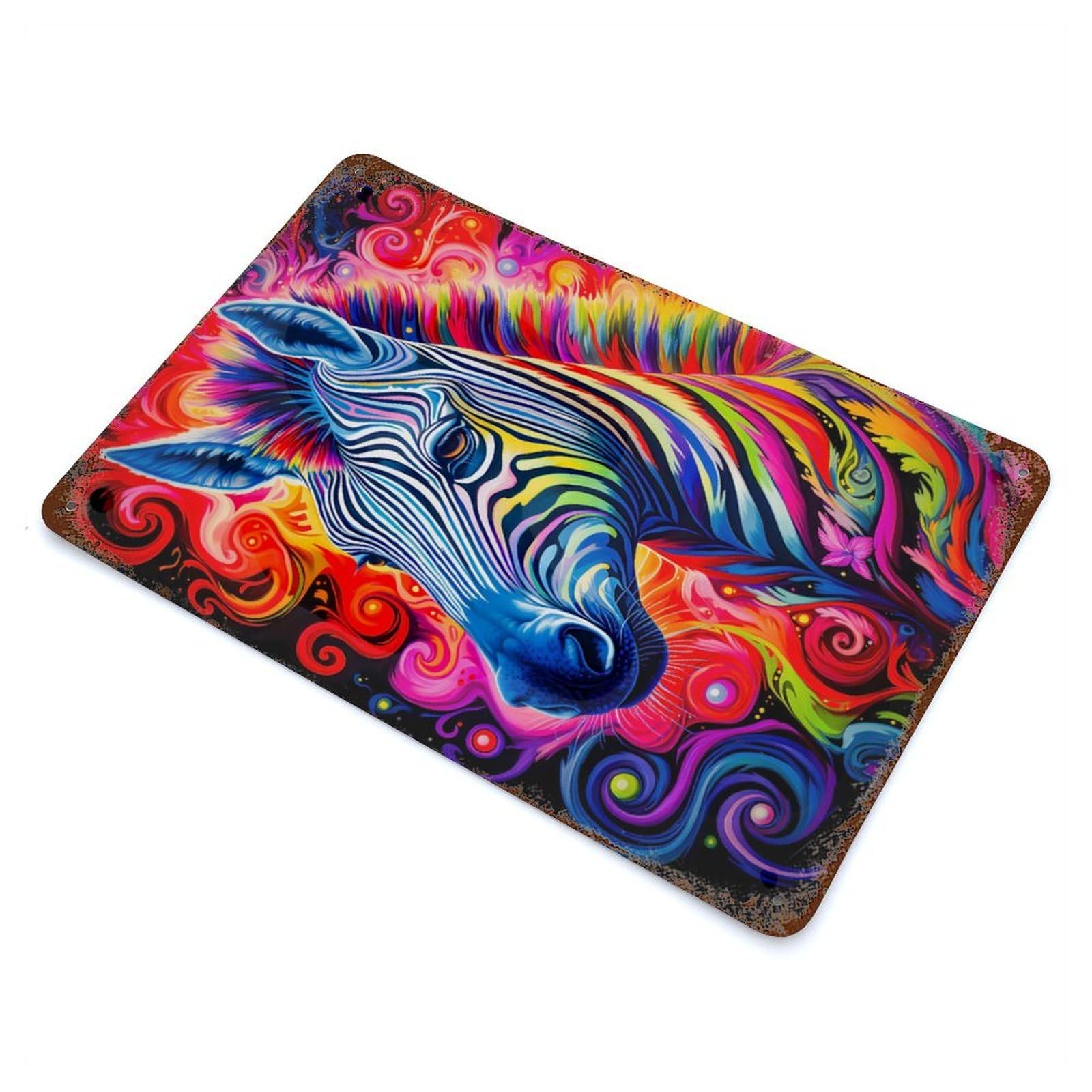 Vintage Metal Tin Sign with Psychedelic Zebra Colorful Design 11.8"x7.9", for Garage, Bar And Workshop Decor, Novelty Wall Decor
