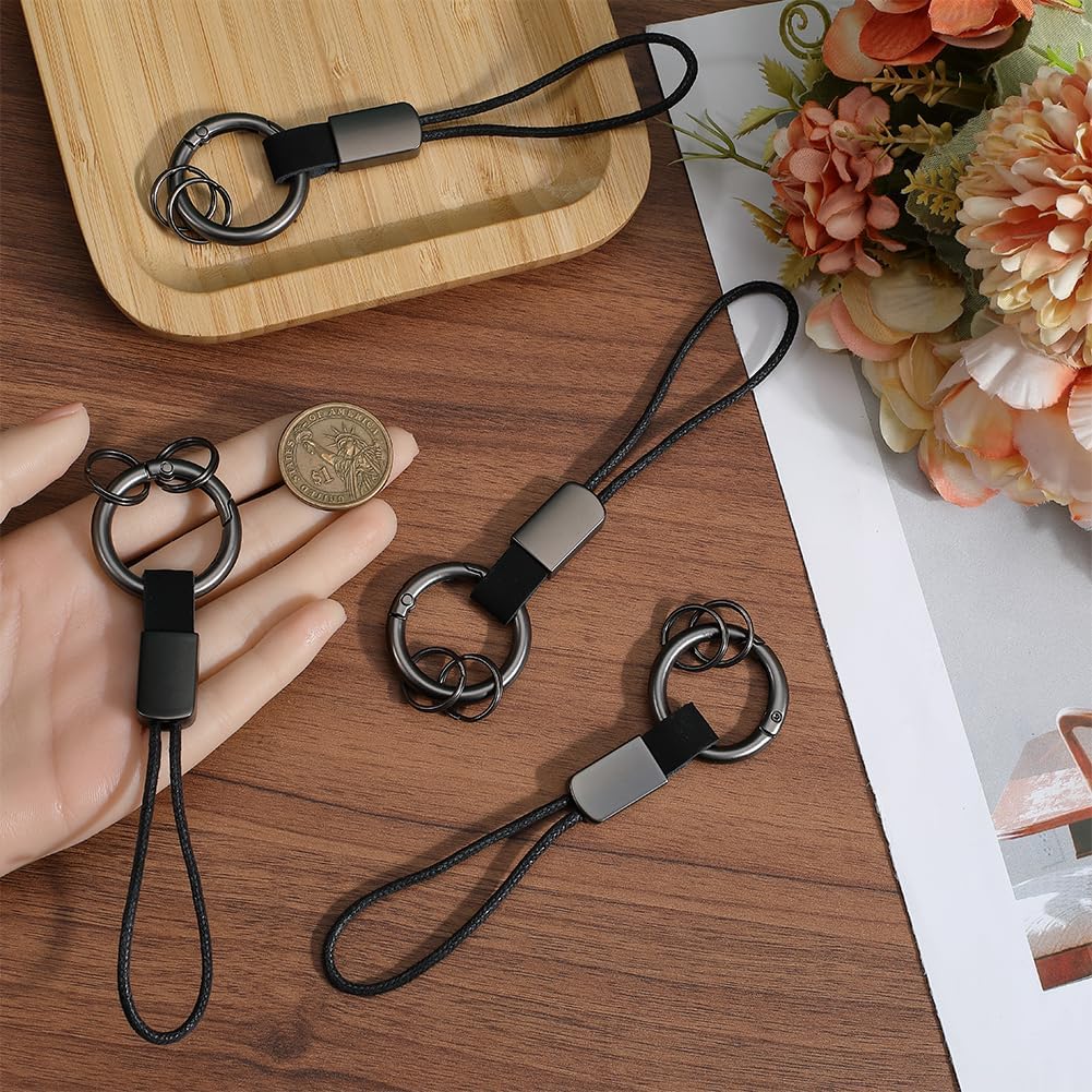 GORGECRAFT 4Pcs Adapter Connection Rope Strap Genuine Leather Keyring with Strap Short Lanyard Car Keychain Finger Ring Clips Connectors for Small Electronic Devices MP3 Player Keys ID Card (Black) - Image 4