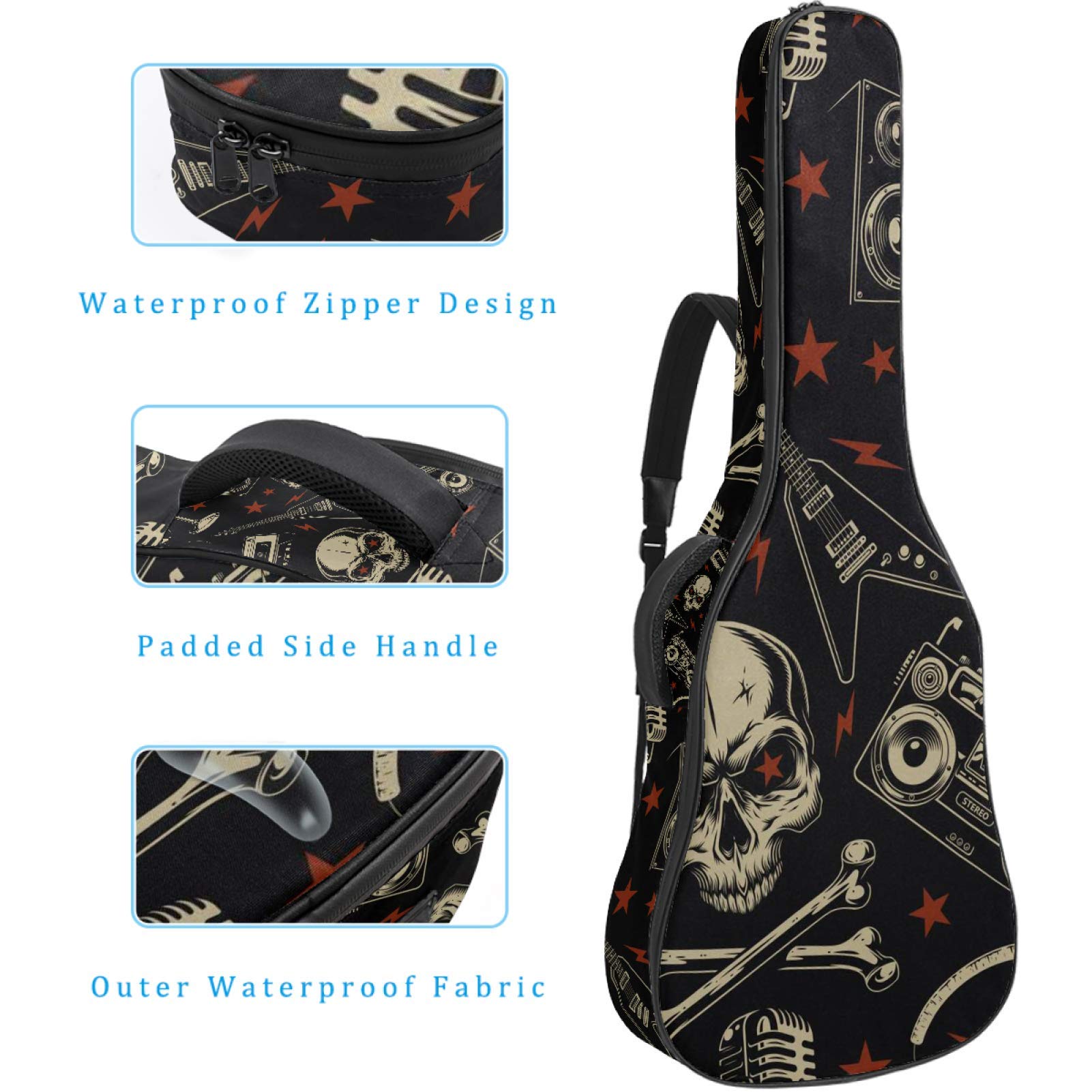 Borsa per chitarra impermeabile con cerniera morbida zaino per chitarra, chitarra acustica e classica folk chitarra elettrica teschi modello rock retrò