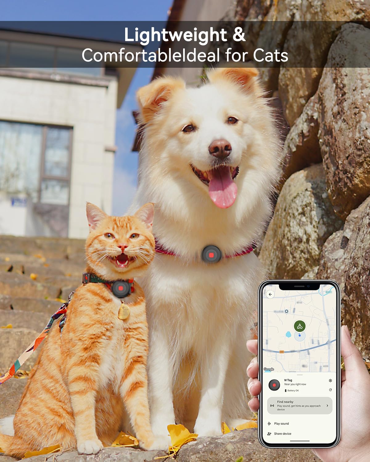 Targhetta localizzatore per cani e gatti con supporto per collare in silicone, funziona con Apple Find My e Android Find Hub, localizzatore Bluetooth impermeabile IP65 (bianco, 2 pezzi)