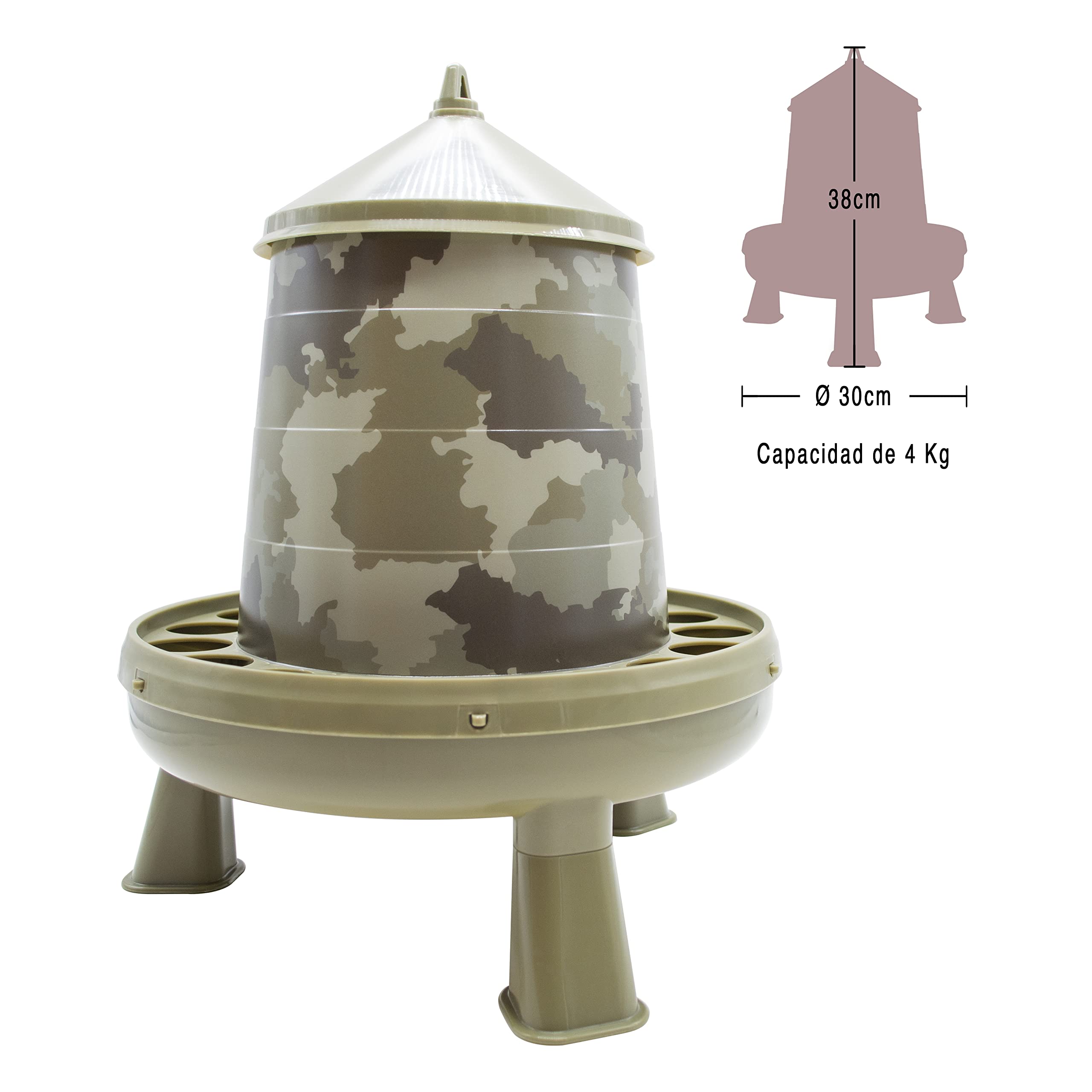 FINCA CASAREJO Mangiatoia + Abbeveratoio con Piedi per Galline e Altro Pollame - Mangiatoia e Abbeveratoio Camuffamento - Colorato Mimetico - Capacità 4Kg/5L – Acqua e Cibo Sempre Puliti