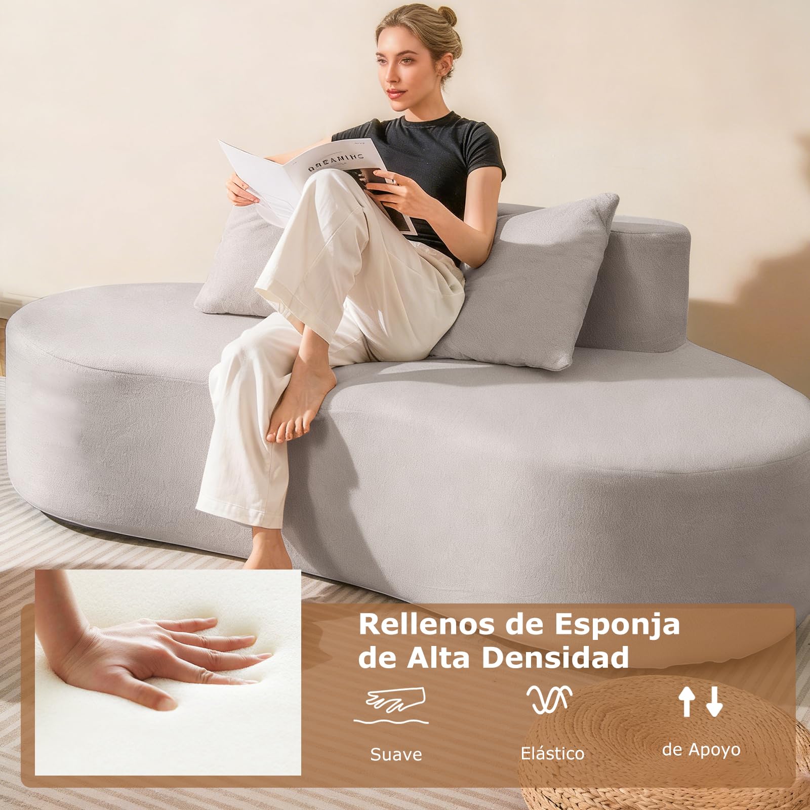COSTWAY 199 cm Sofá de Compresión Curvo Tapizado con 2 Almohadas, Respaldo Bajo y Amplio Asiento Acolchado con Esponja, Base Antideslizante, sin Montaje, Sofá de Suelo para Salón, Dormitorio (Gris)