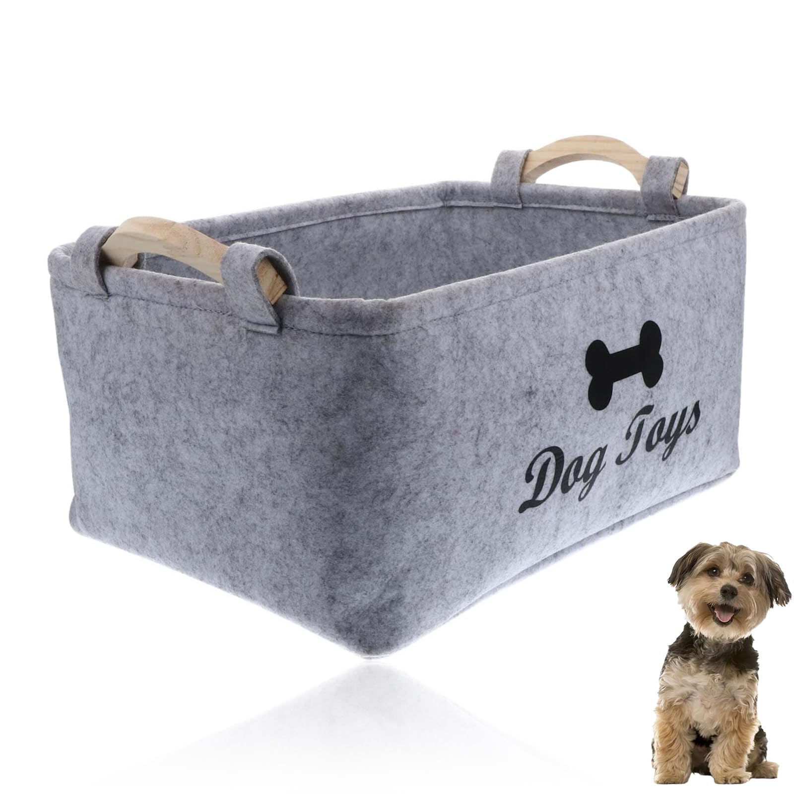 Hshtam Grey Dog Toy Basket Storage, Felt Pet Supplies Basket Puppy Storage Box With Wooden Handle Personalised Dog Toy For Pet Toys Clothes Leashes (Grey)