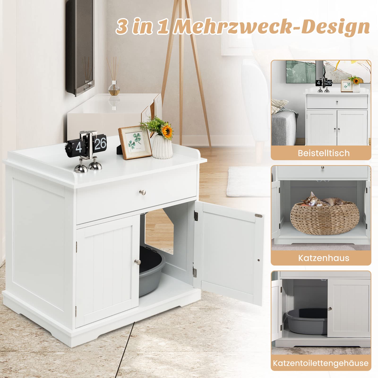 GYMAX Katzenklo Schrank, Katzenschrank für Katzentoilette, Katzenhaus versteckt mit Seiteneingang, Schublade & 2 magnetischen Türen, Katzenmöbel XL für große Katzen, 76 x 53 x 74 cm (Weiß)