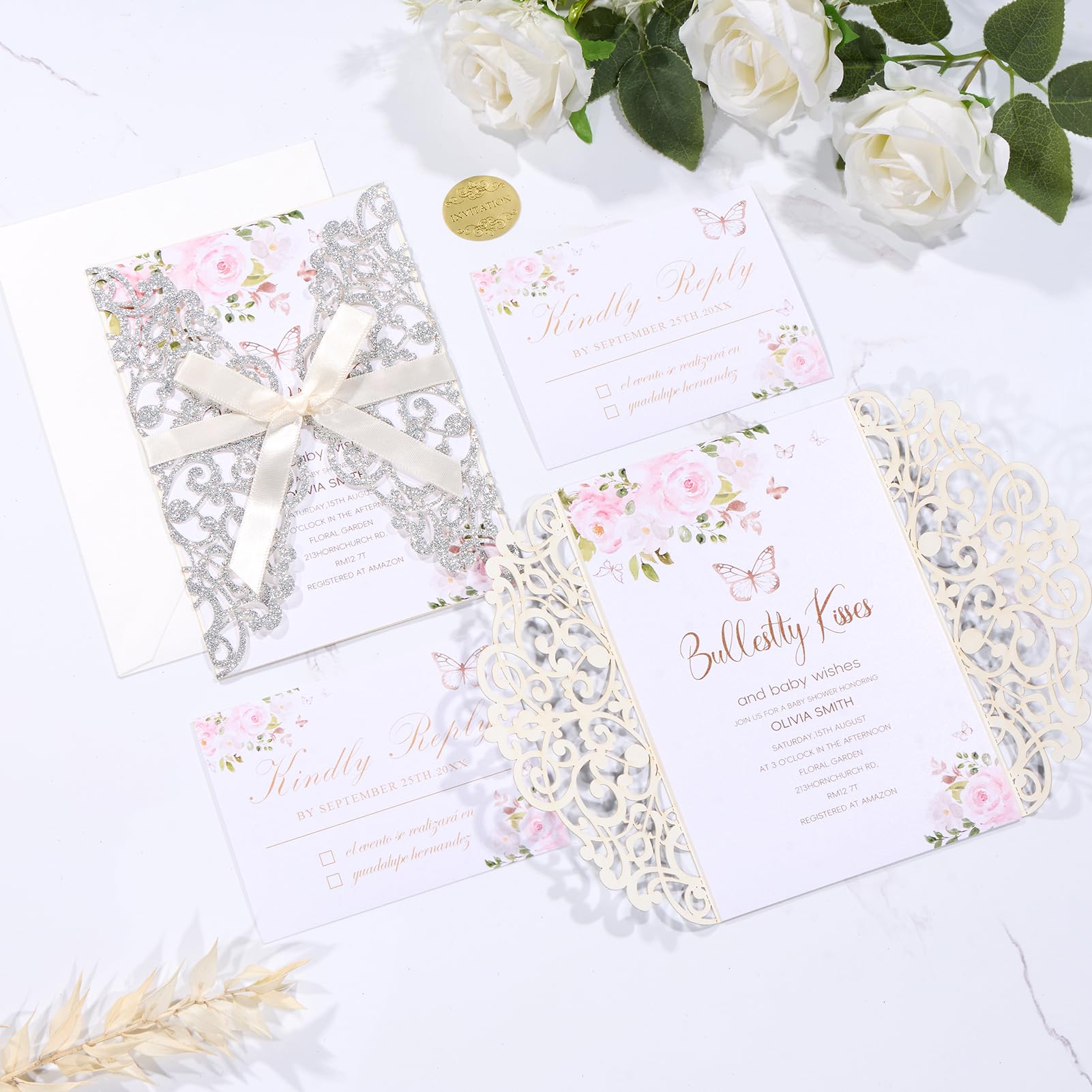 Hochzeitseinladungen mit Umschlägen und RSVP-Karten, Bändern, lasergeschnitten, blanko, Innenblatt, Perlpapier, Tarjetas de Invitación Para Boda XV Anos Quinceañera, Hochzeitseinladung, 50 Stück