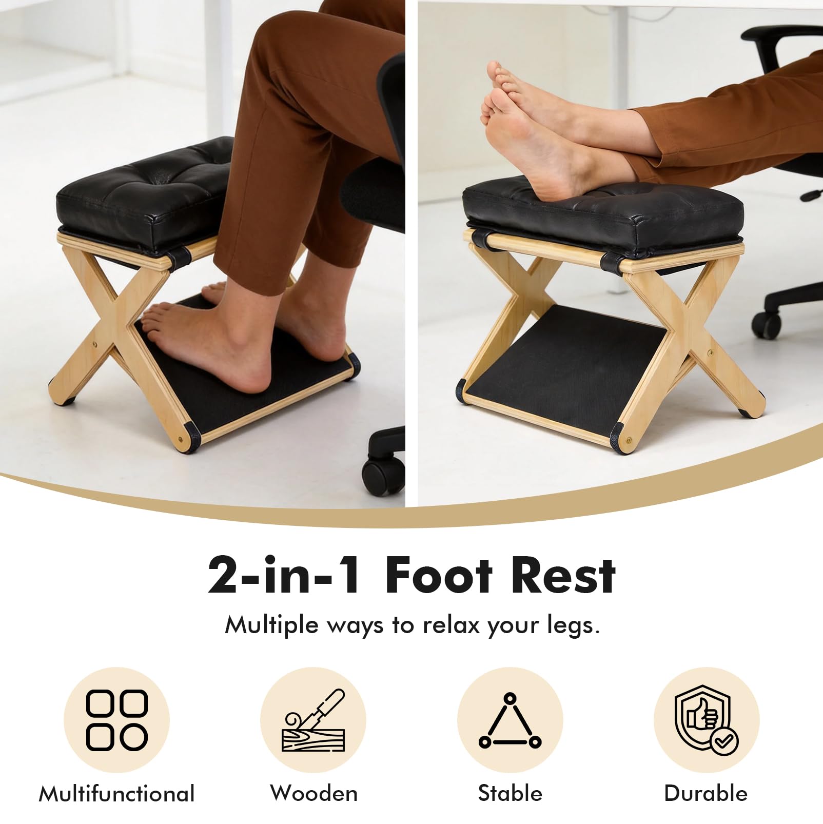 2-in-1 Fußstütze Schreibtisch, Höhenverstellbarer Fußhocker, Ergonomischer Fußablage aus Holz mit Weichem, Rutschfester Fußhocker für Büro Auto, Ottoman Fußstütze Stuhl für Vanity