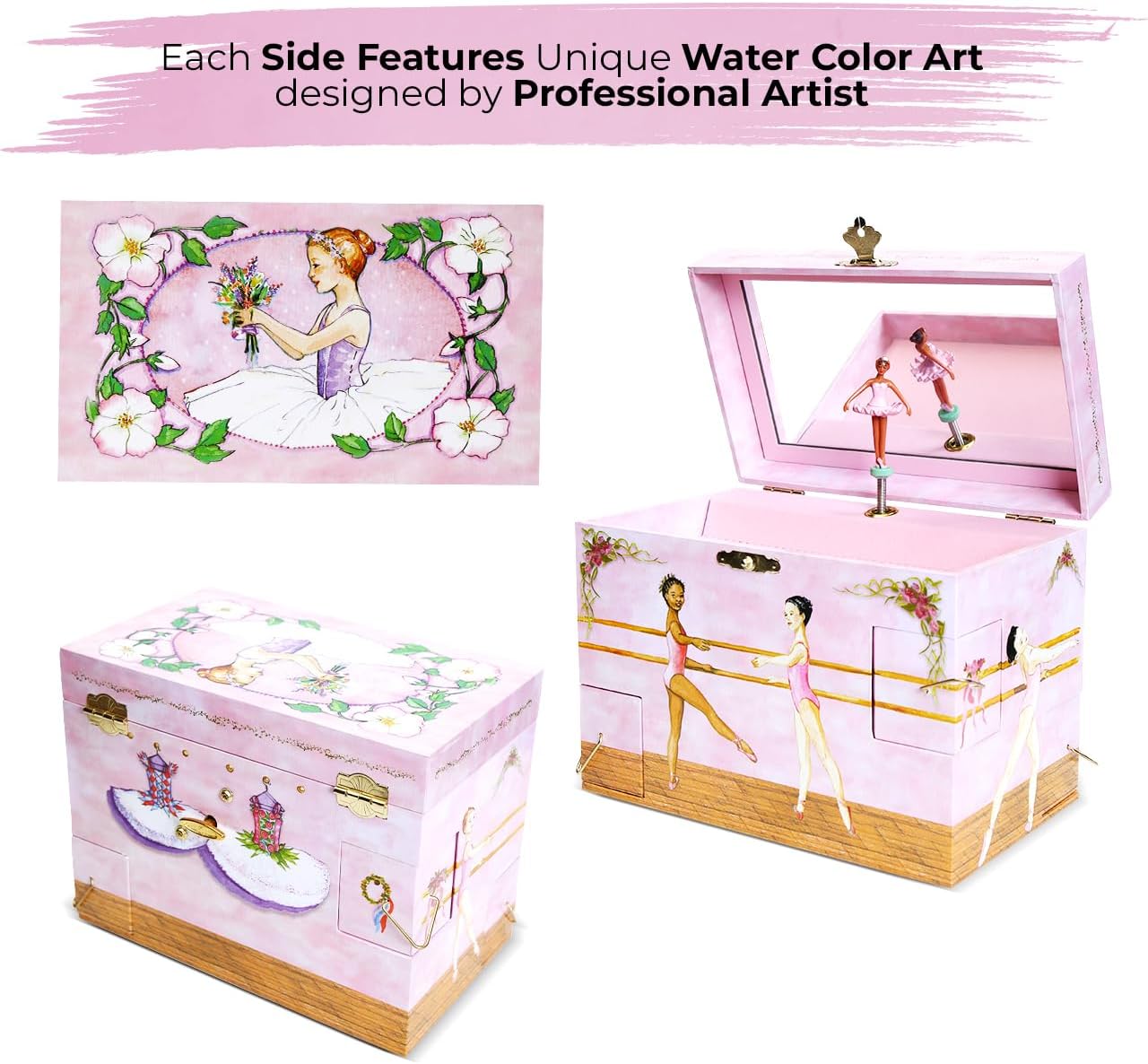 Enchantmints Black Ballerina Jewelry Box for Girls Spins to Swan Lake 4 Pullout Drawers image 4