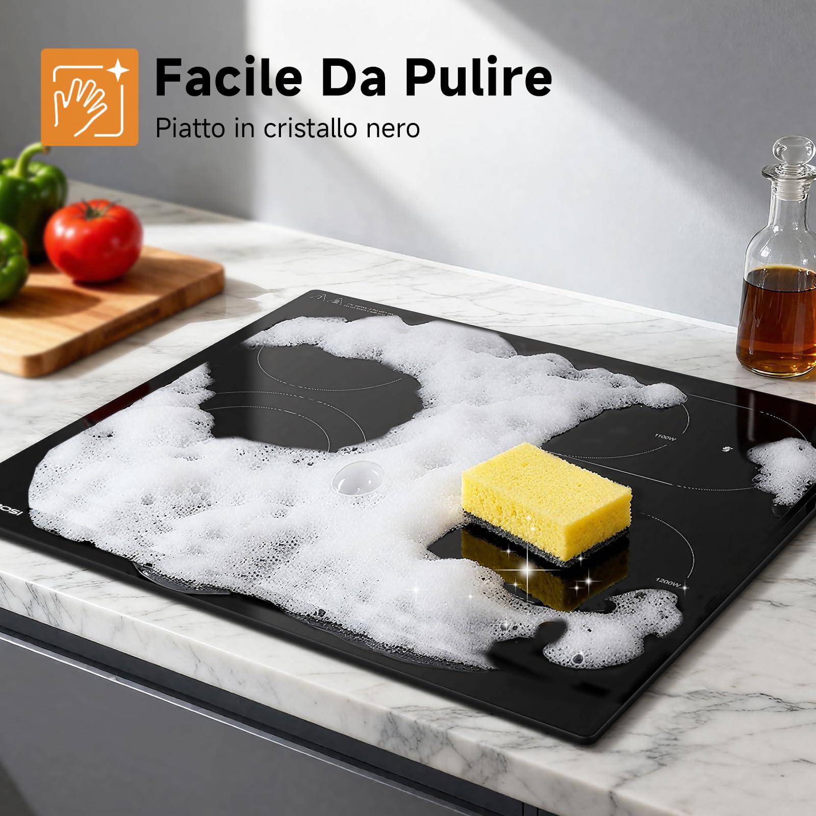 Aobosi Piano Cottura in Vetroceramica, Piano Vetroceramica 4 Fuochi con Controllo Touch Sensoriale, 9 Livelli di Potenza, Funzione Pausa,6600 W, Blocco di Sicurezza,Timer 99 Min