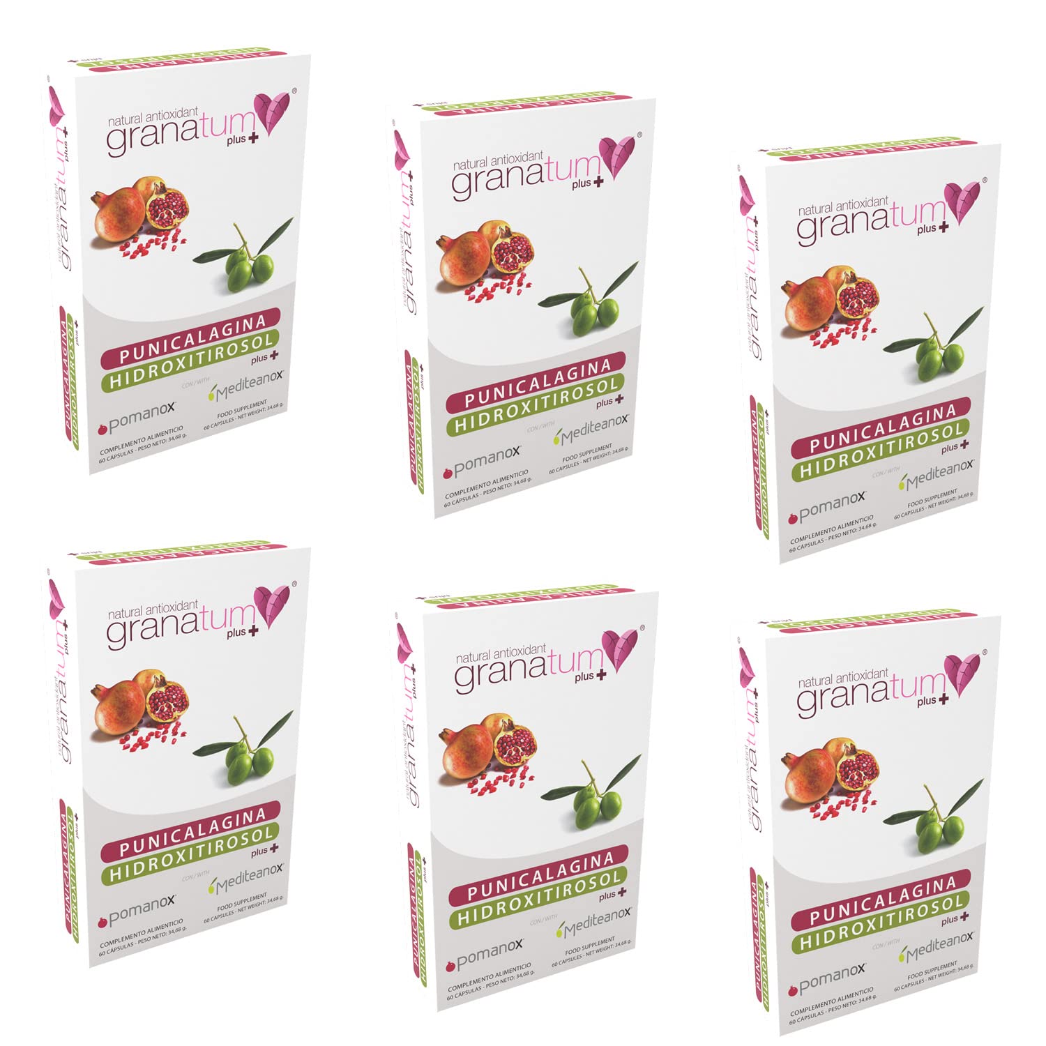 Granatum Plus - Punicalagina e Hidroxitirosol - Extracto de Granada y Oliva Extra Virgen - Antioxidante y Antiinflamatorio Natural - Salud Cerebral y Piel - Producido en España - 6 Cajas 60 Cápsulas