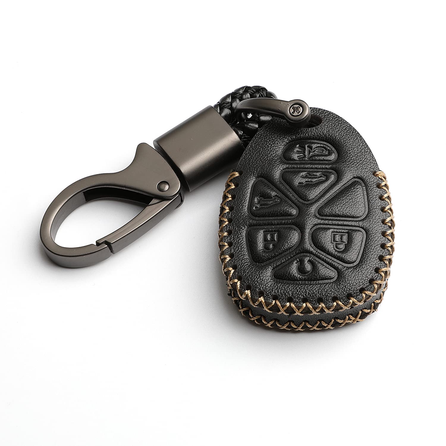 Leather for GMC Acadia Yukon XL Cadillac Escalade Chevrolet Suburban Tahoe 6 Buttons Key Case Holder Cover Fob Chain (Black)