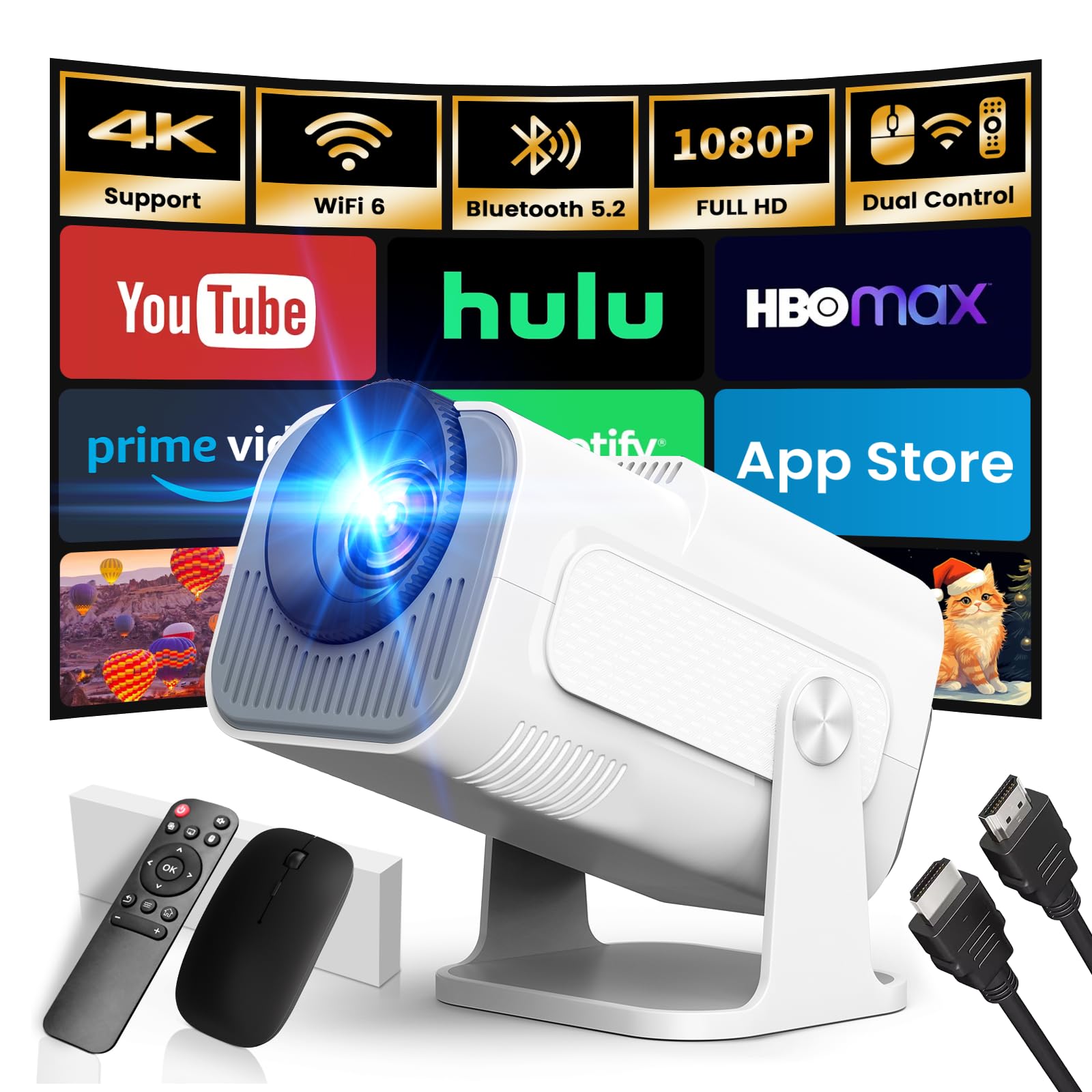 [App Integrada] 2026 Upgraded Proyector Portátil 1920x1080P 4K Supote Videoproyector Dual Control TV WiFi 6 BT5.2 180° Rotation Compatible con HDMI/TV Stick/USB/Laptop, Blanco