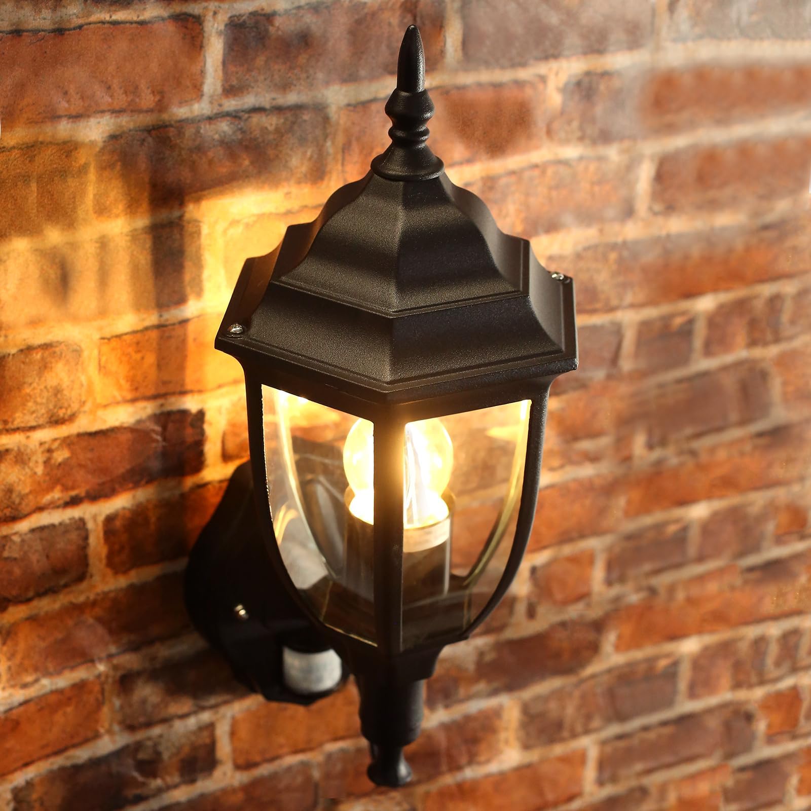 HLFVLITE Lampe d'extérieur à détecteur de mouvement, lanterne murale extérieure en aluminium E27, lampe de porche étanche 60W maximum, luminaire extérieur vintage PIR