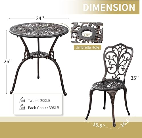 Miniatura 5 de Juego de mesa y sillas de patio para exteriores de 3 piezas, para todo tipo de clima, juegos de bistró de aluminio fundido con agujero para