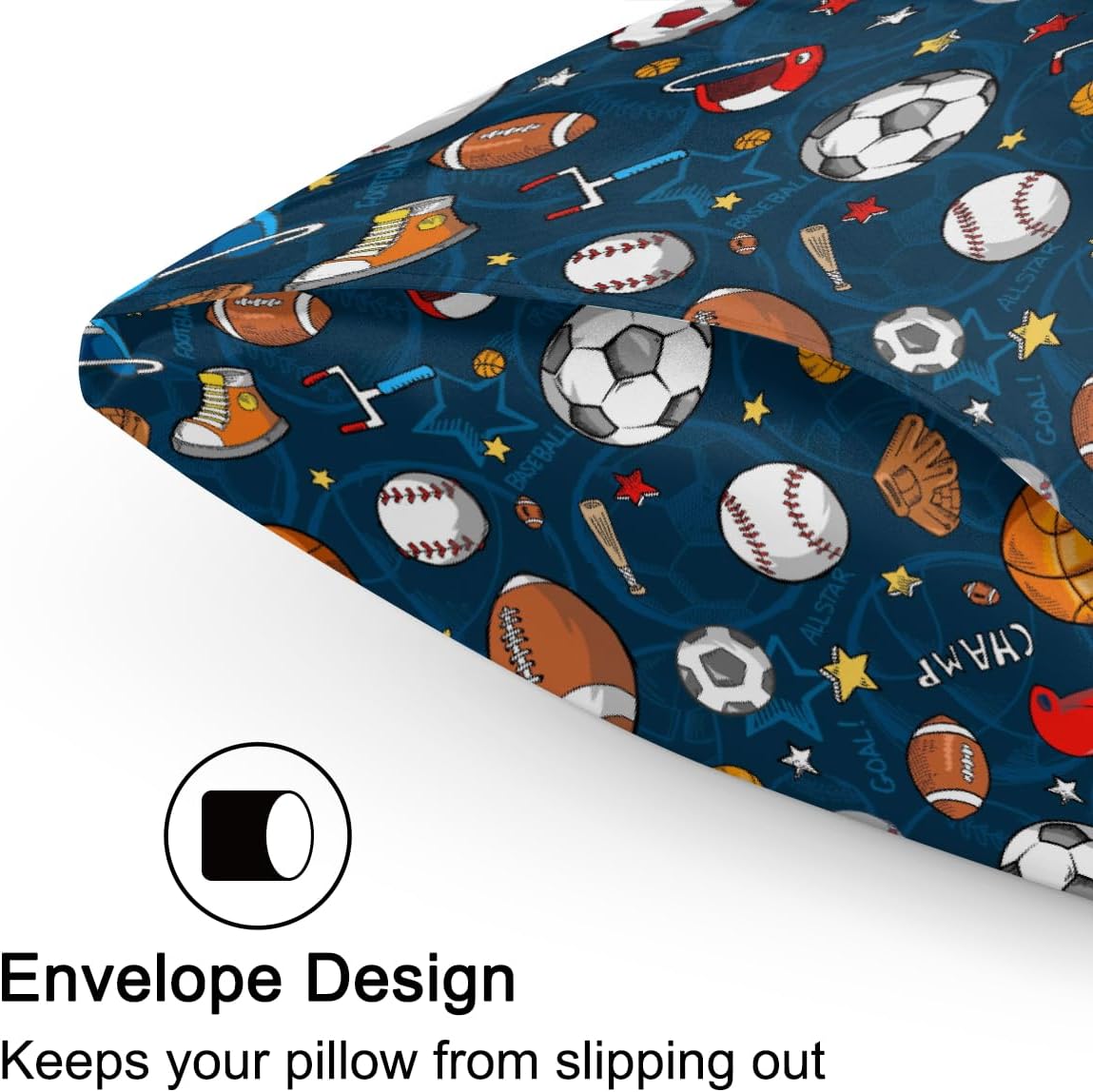 Satin Pillowcase for Hair and Skin Cartoon Baseball Football Sport Soft Silk Pillow Case with Envelope Closure Cooling Pillow Cases Slip Standard Size Pillow Cover for Women Men Kids Boys Girls 20x26