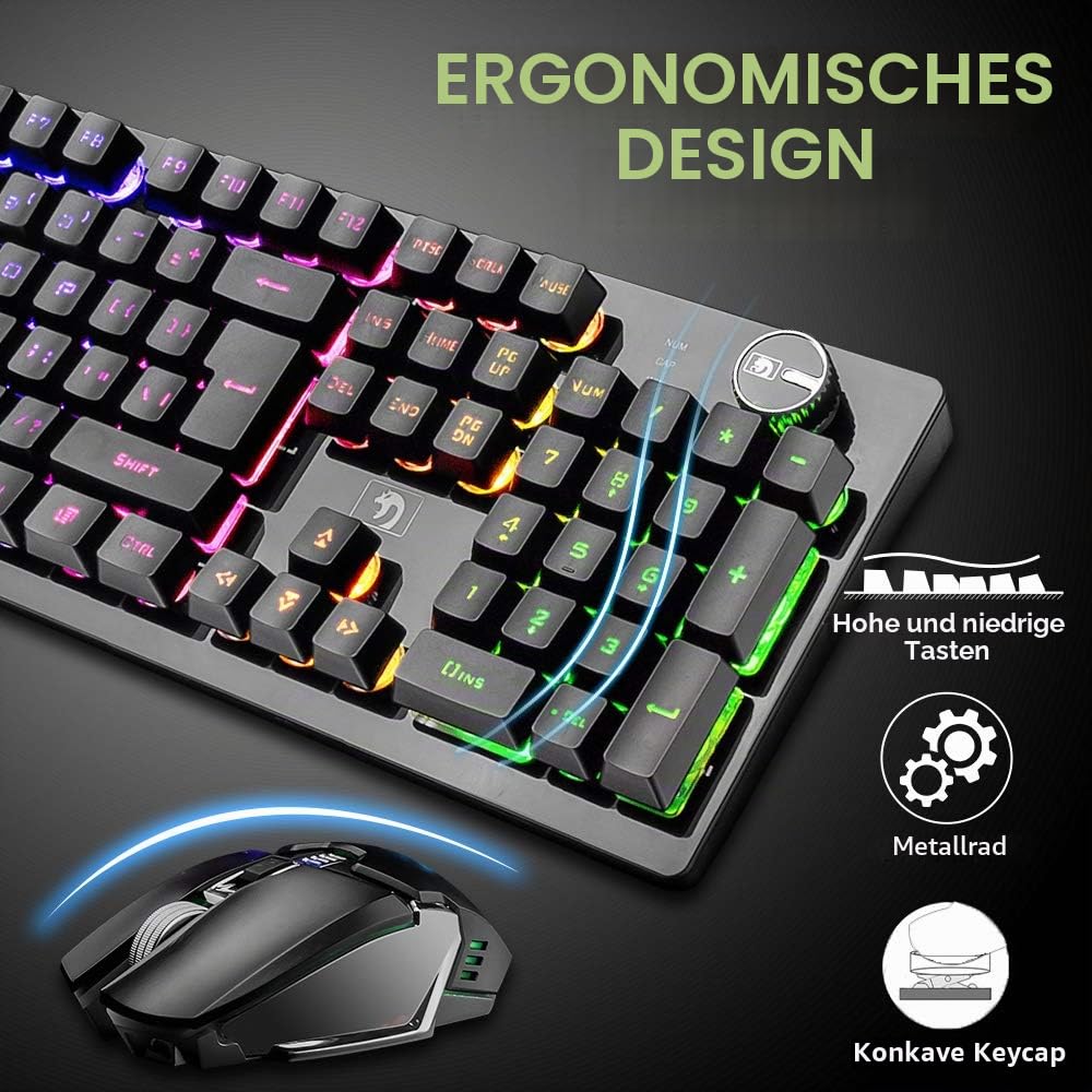 FELiCON Kombi-Sets für drahtlose Tastatur und Maus, 4800mAh, 16 Arten von wiederaufladbaren RGB-LED-Gaming-Tastaturen mit Knopfsteuerung und ergonomischer 7-Farben-LED-Hintergrundbeleuchtung