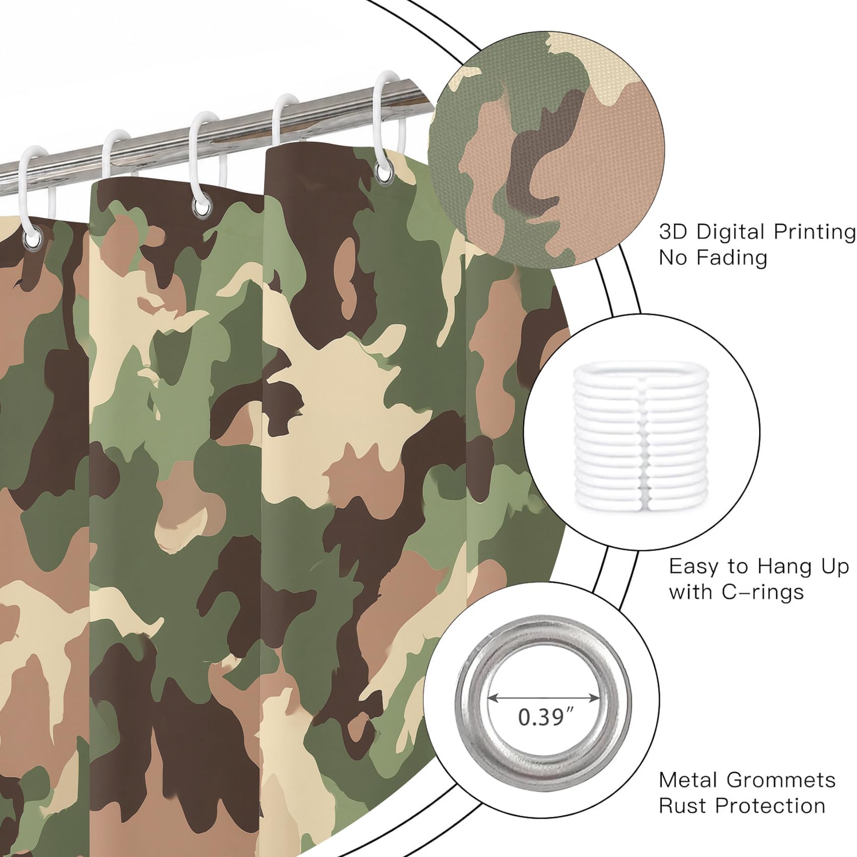Générique Rideau de Douche Camouflage Militaire 200x240cm | Rideau Douche Armée Moderne Tissu Polyester Hydrofuge Rideau Baignoire pour Salle de Bain avec Crochets