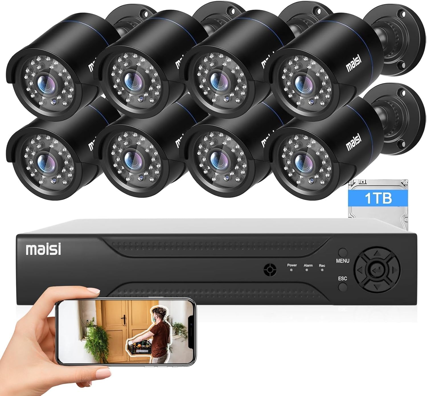 Maisi 8CH 3K DVR Recorder CCTV Security Camera System with 1TB Hard Drive, 8x 5MP Outdoor Bullet Cameras, IP66 Waterproof, Night Vision, APP Push and Email Alert, 24/7 Continuous/Motion Recording