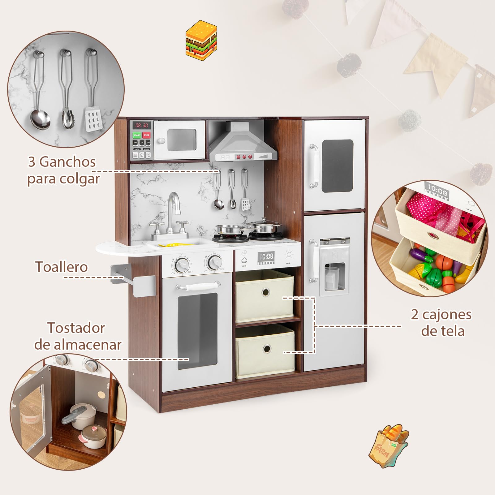 COSTWAY Juego de Cocina Juguete para Niños, Cocinita Infantil de Juguete con Luces y Sonidos Atractivos, Campana Extractora y Microondas, Máquina de Hielo y Pizarra, Fregadero, Toallero