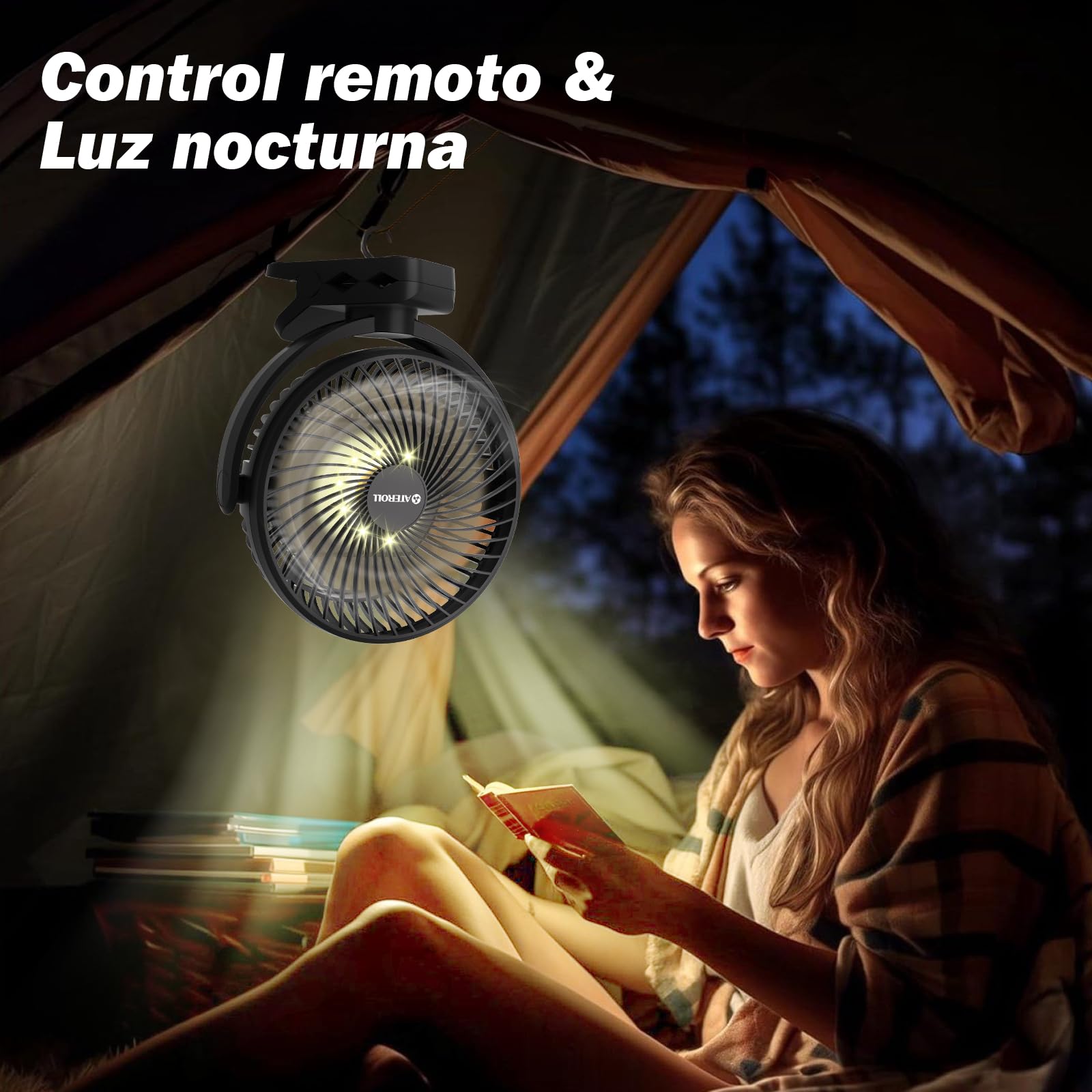 Ateroll 10000mAh Ventilador Pinza con Control Remoto,Ventilador Portátil Batería Recargable de 3 Velocidades con Temporizador y Luces LED,Ventiladores Portátiles de 8” con Rotación de 360° para el