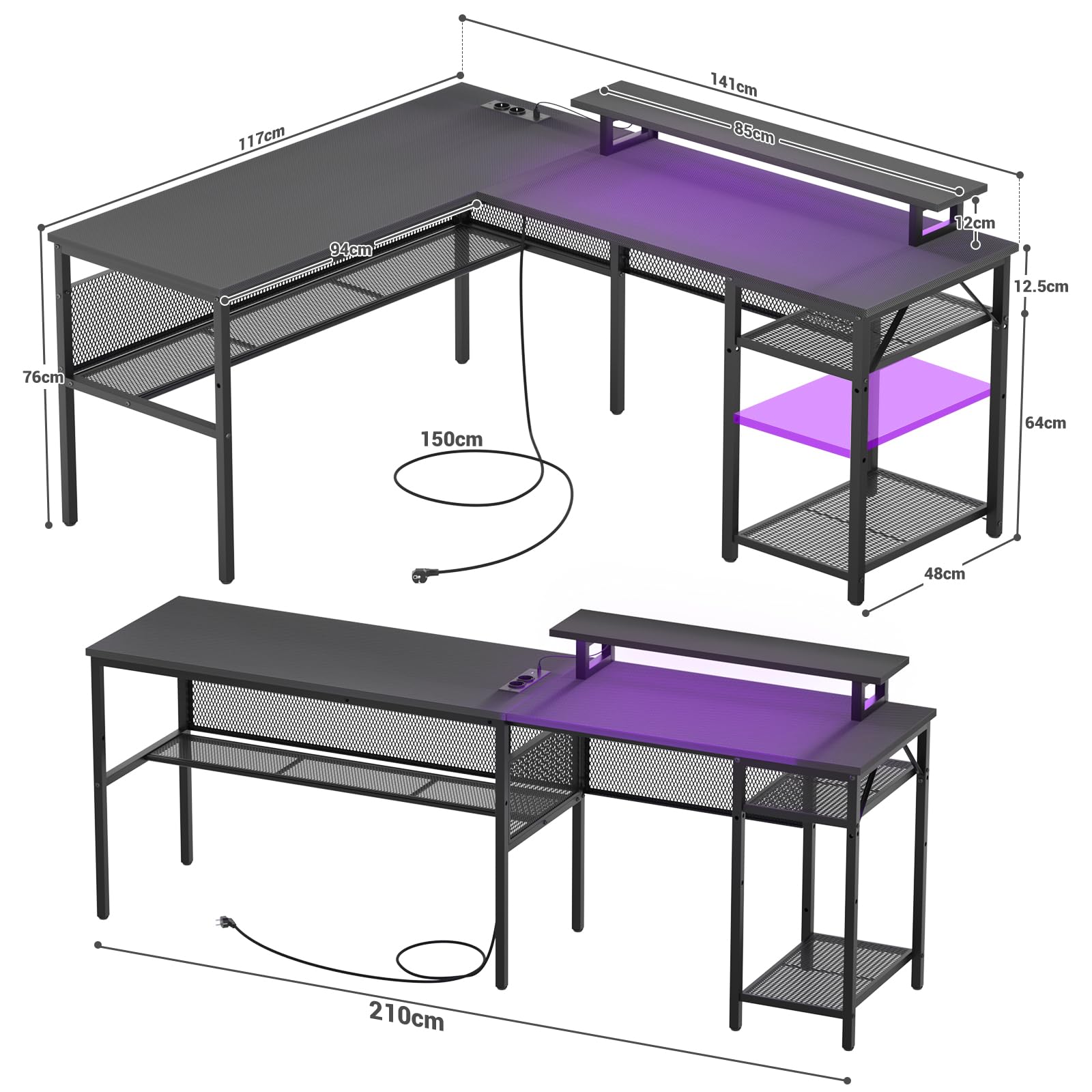iSunirm Bureau Gaming en Forme de L,141 x 117 x 76 cm Bureaux à Domicile avec LED et Prises,Bureau d’Angle avec Étagères Rangement pour Etudier Travailler Chambre Domicile,Noir